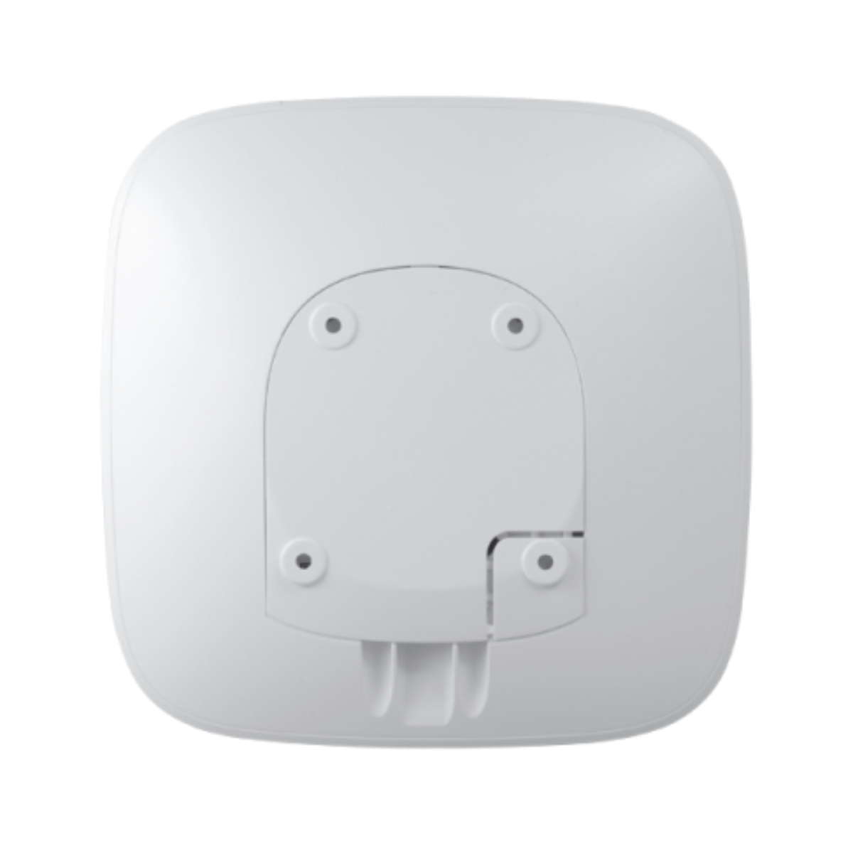 Retro di un dispositivo quadrato bianco con angoli arrotondati e punti di montaggio.