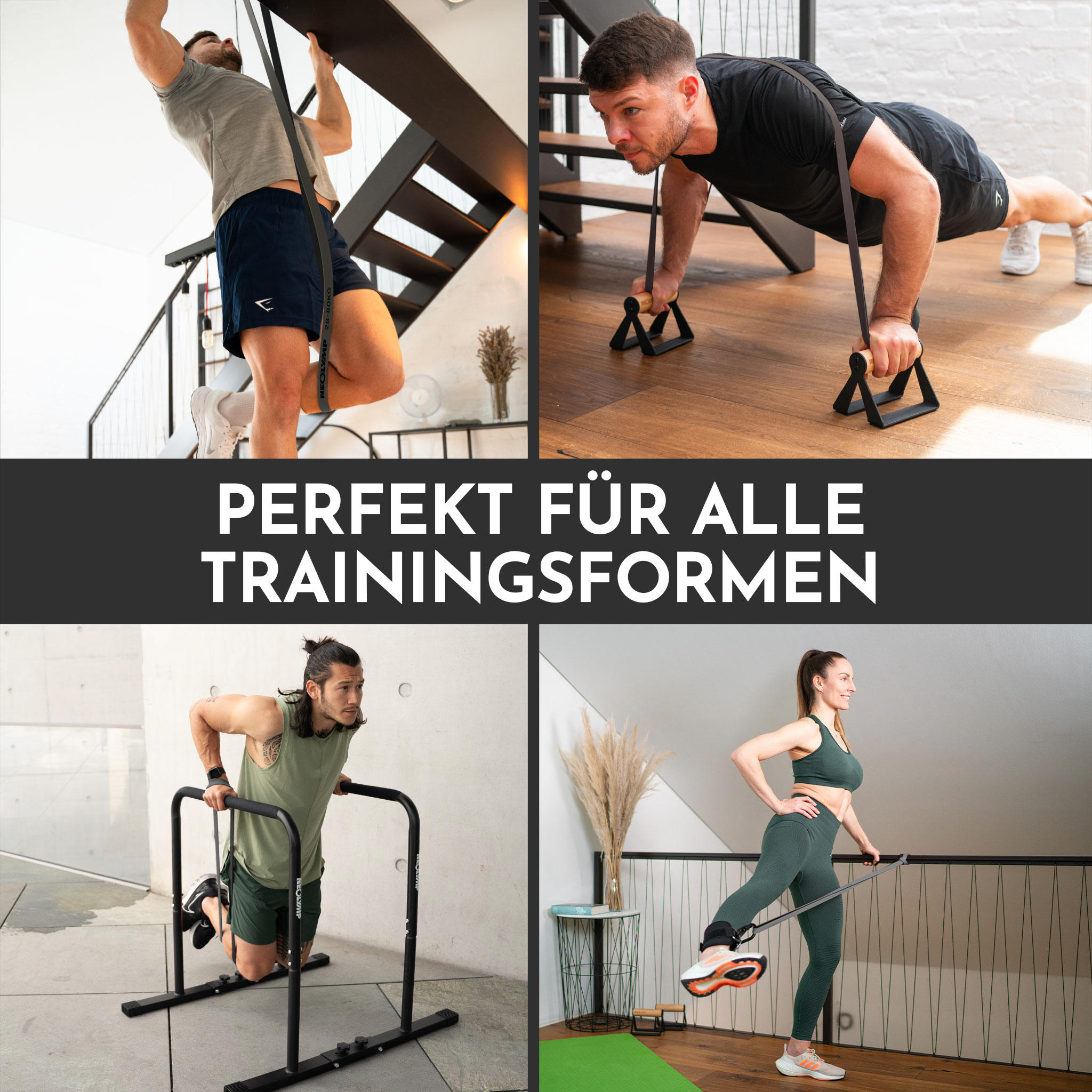 Mann macht Klimmzüge, Mann macht Liegestütze, Mann macht Dips, Frau macht Beinübungen.