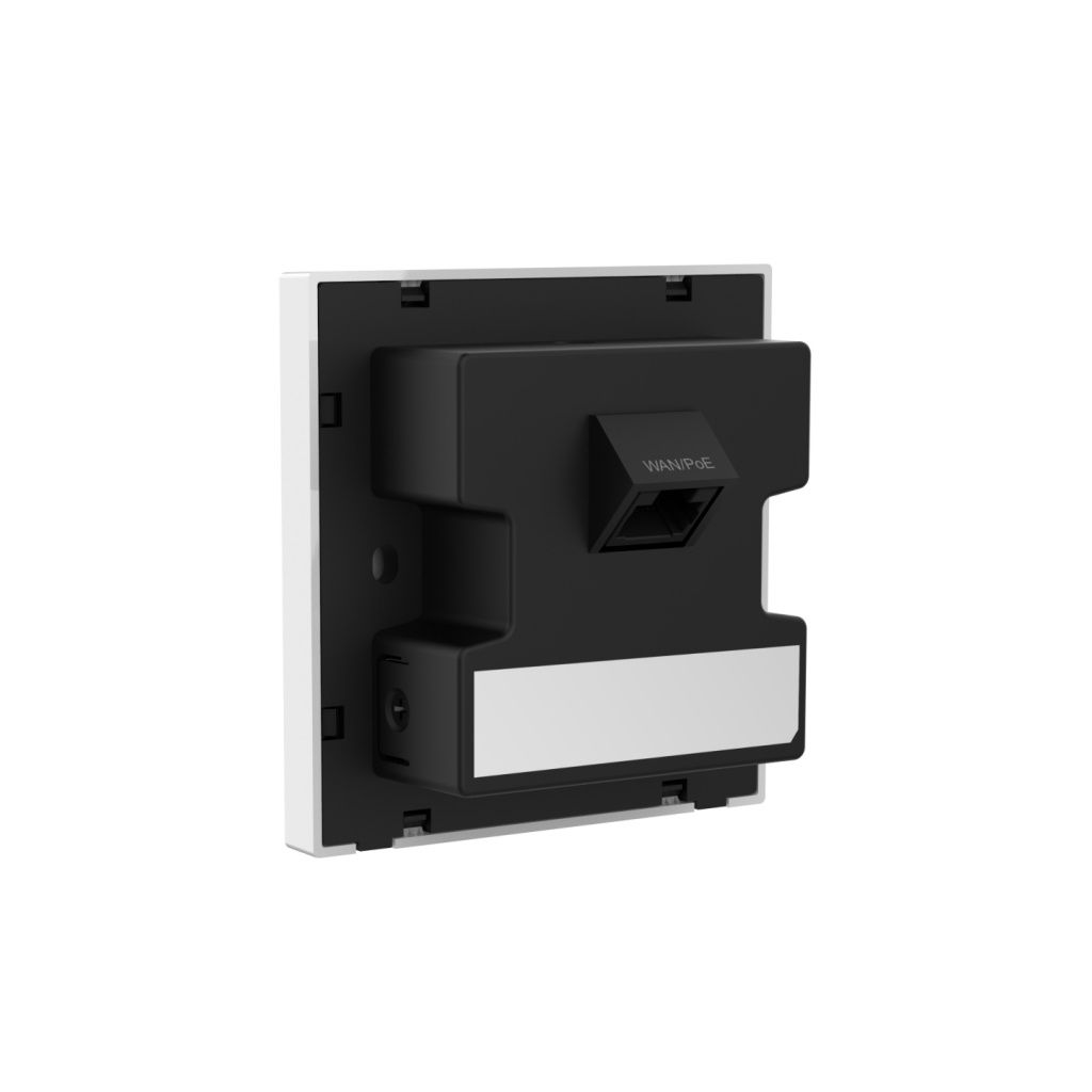 Un dispositivo da parete bianco con retro nero e porta WAN/PoE.