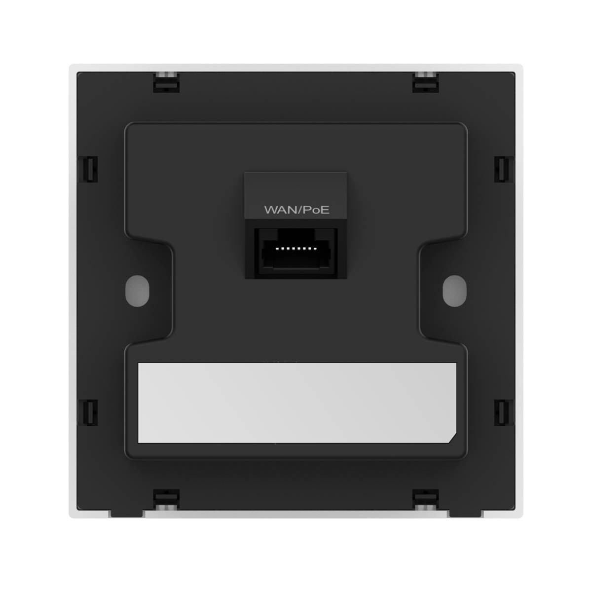 Retro di un dispositivo bianco con porta WAN/PoE nera.
