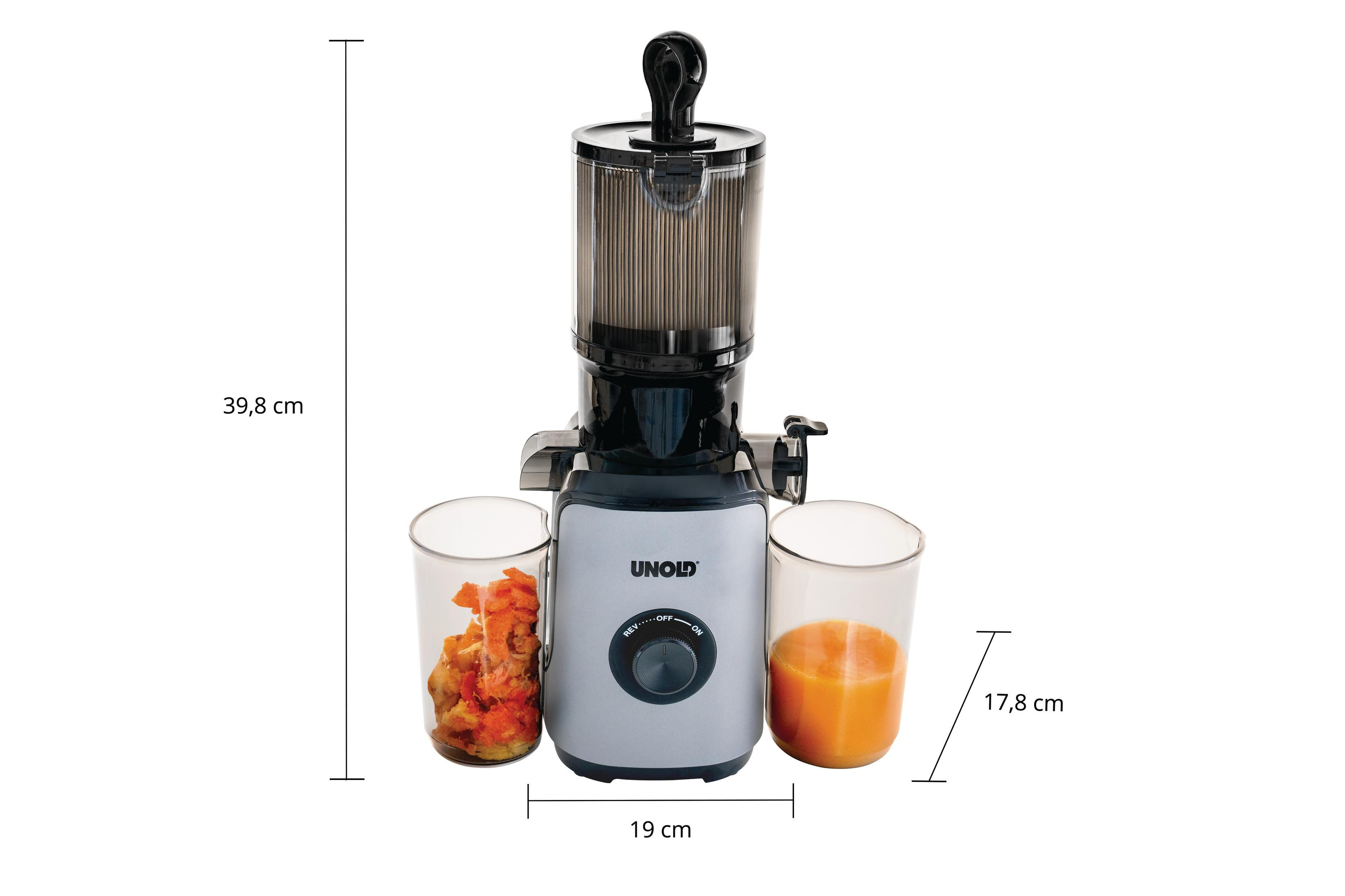 Centrifuga argento con due bicchieri, uno con pezzi d'arancia, uno con succo.
