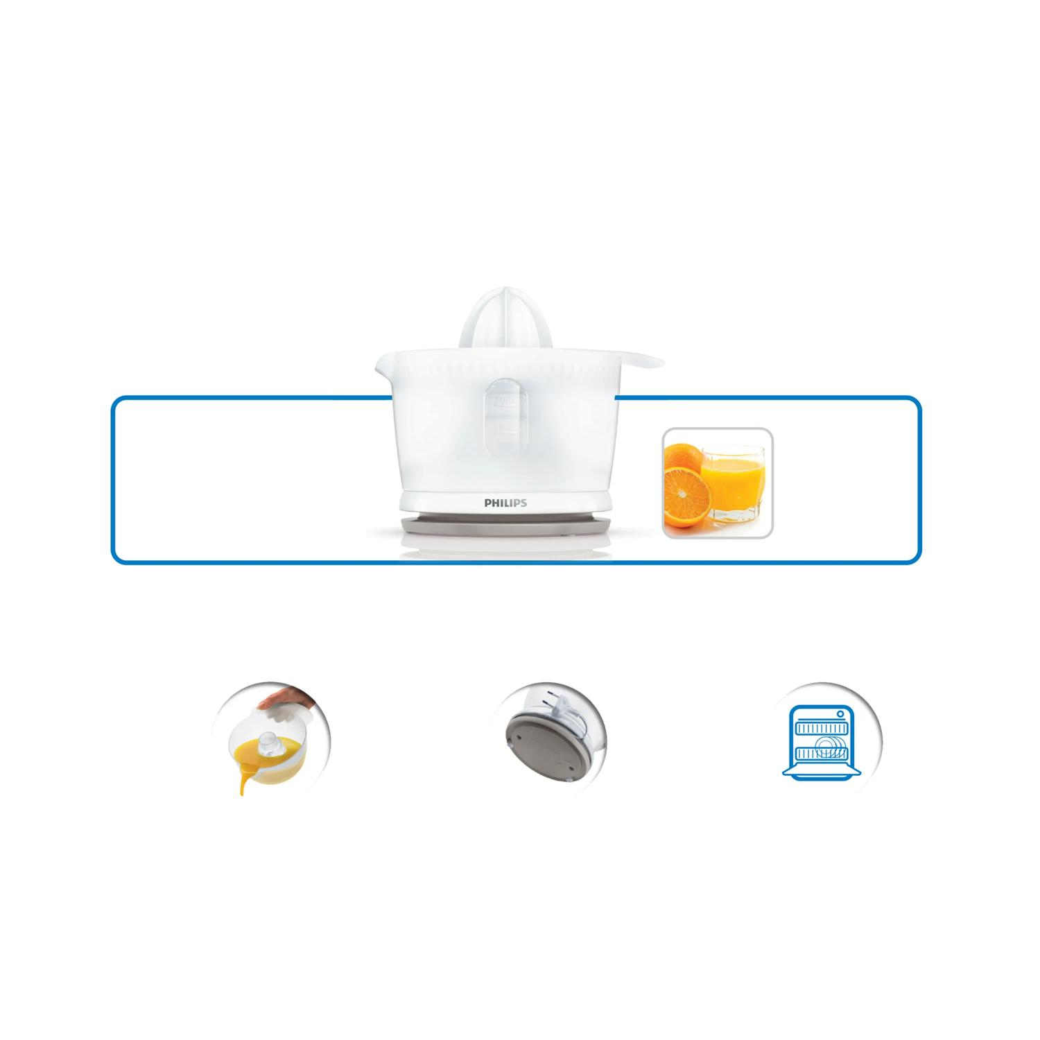 Un spremiagrumi Philips bianco con un bicchiere di succo d'arancia e arance.