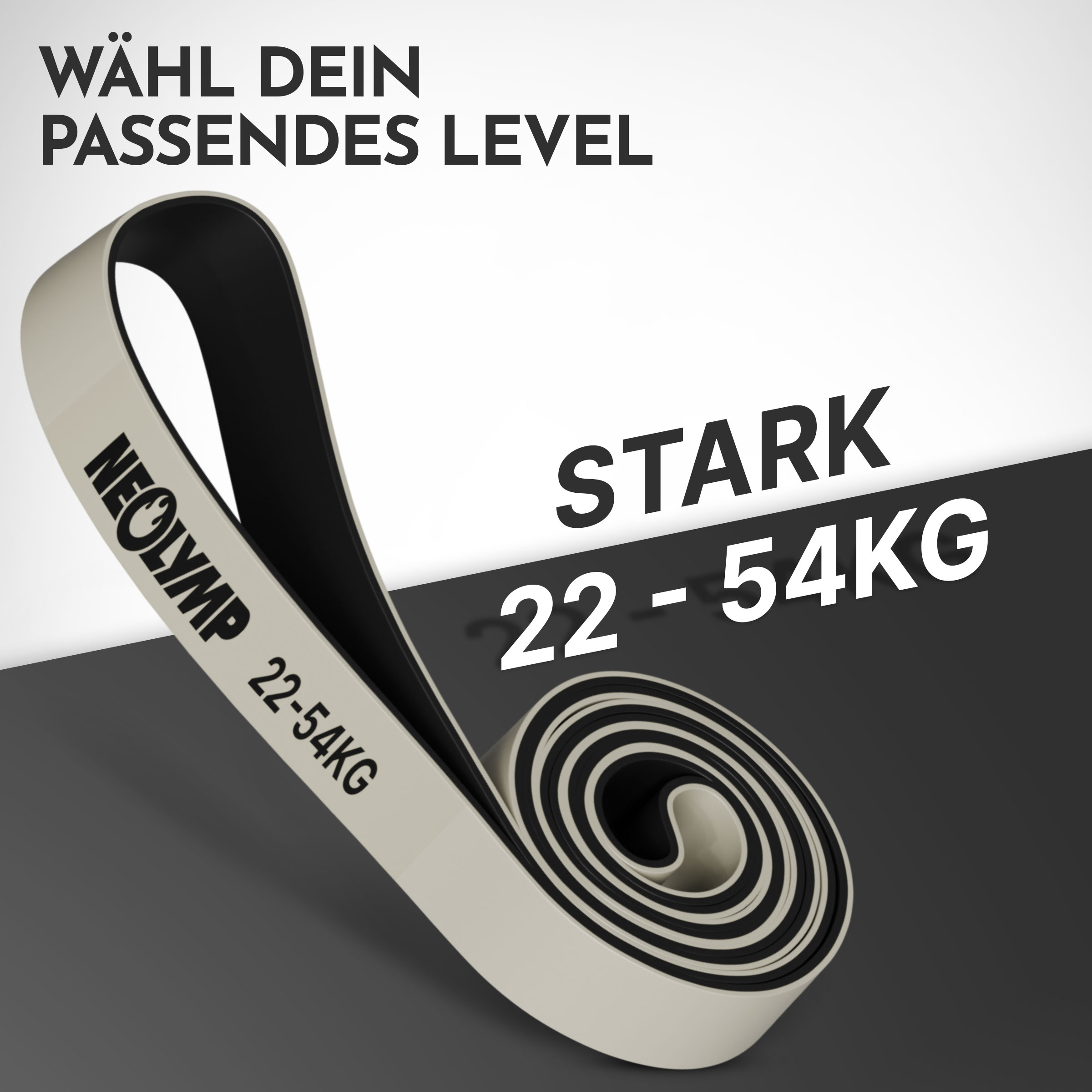 Ein beige-schwarzes Widerstandsband mit der Aufschrift 'STARK 22-54KG'.