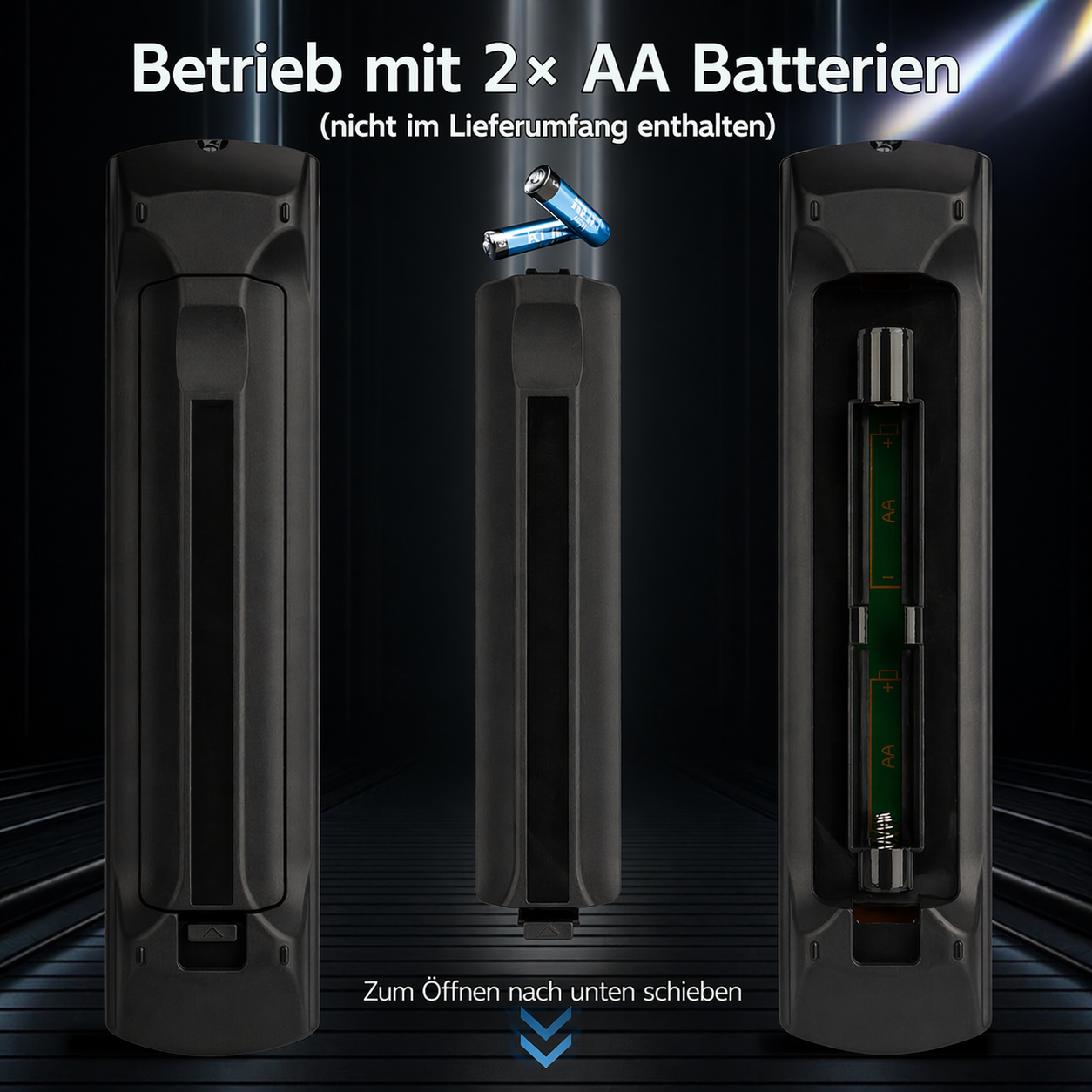Drei Ansichten einer schwarzen Fernbedienung, die AA-Batterien verwendet.
