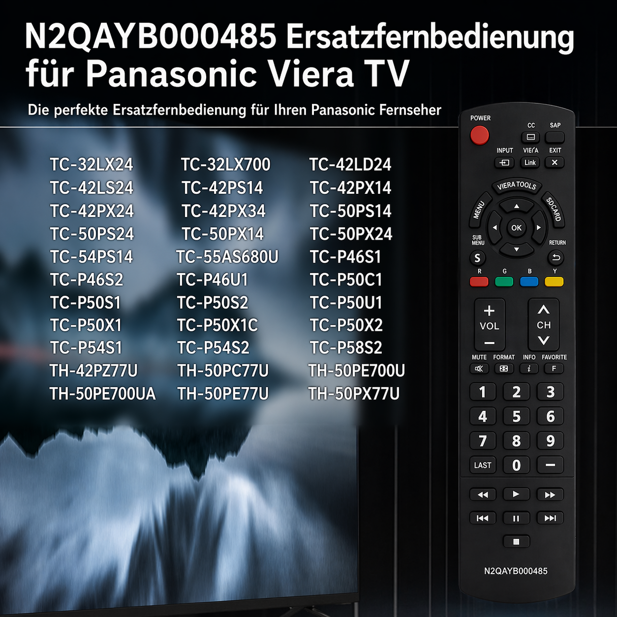 Fernbedienung mit Modellnummer N2QAYB000485 und Liste kompatibler TVs.