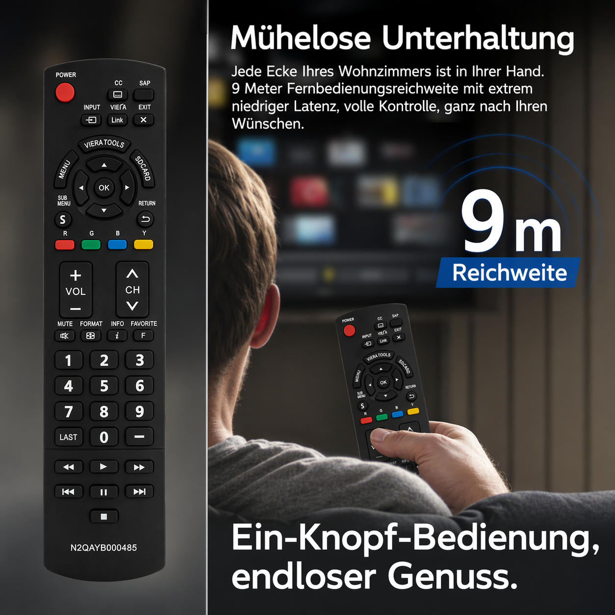 Schwarz Fernbedienung mit Tasten und Bildschirm im Hintergrund.