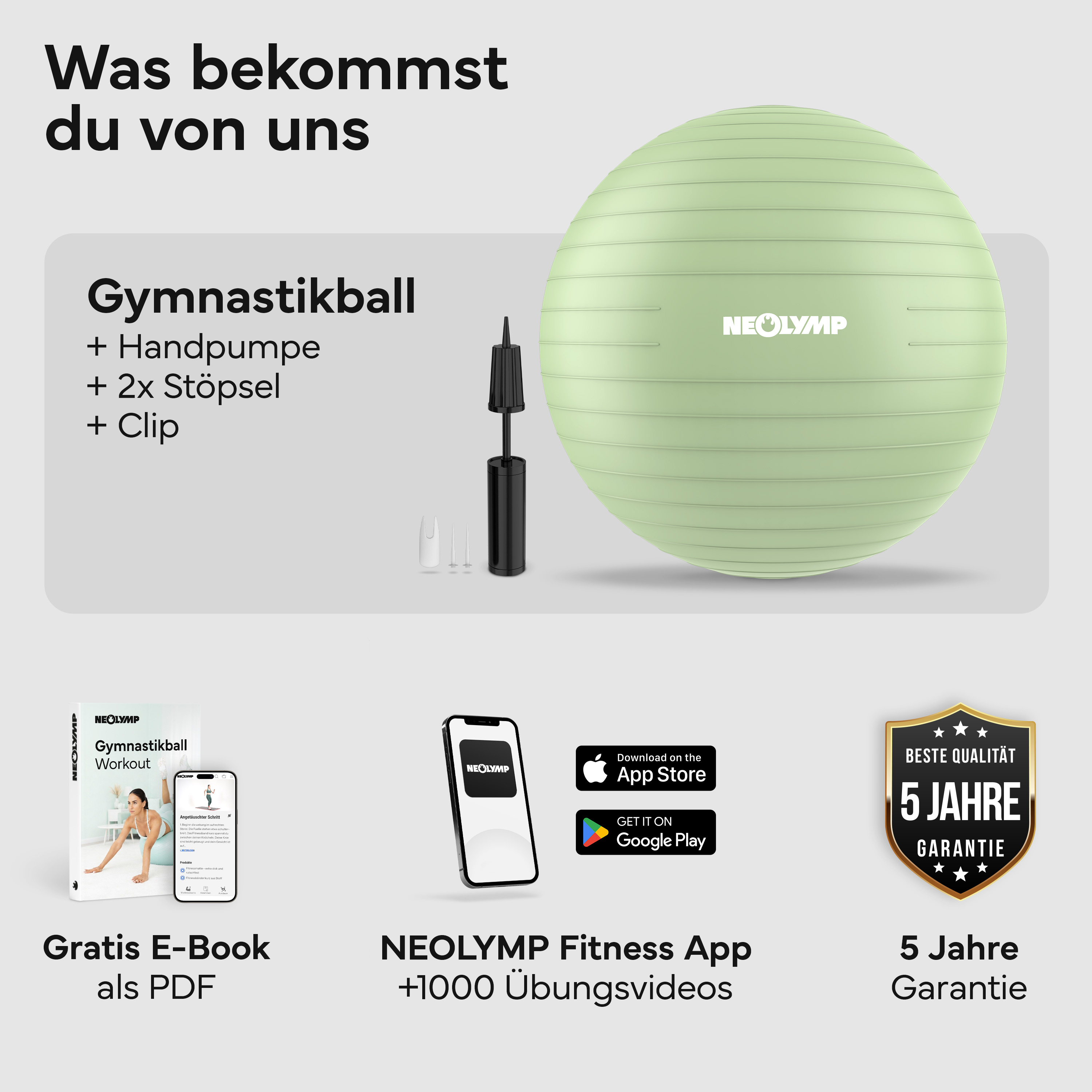 Ein hellgrüner Gymnastikball mit Pumpe, E-Book und App-Angebot.