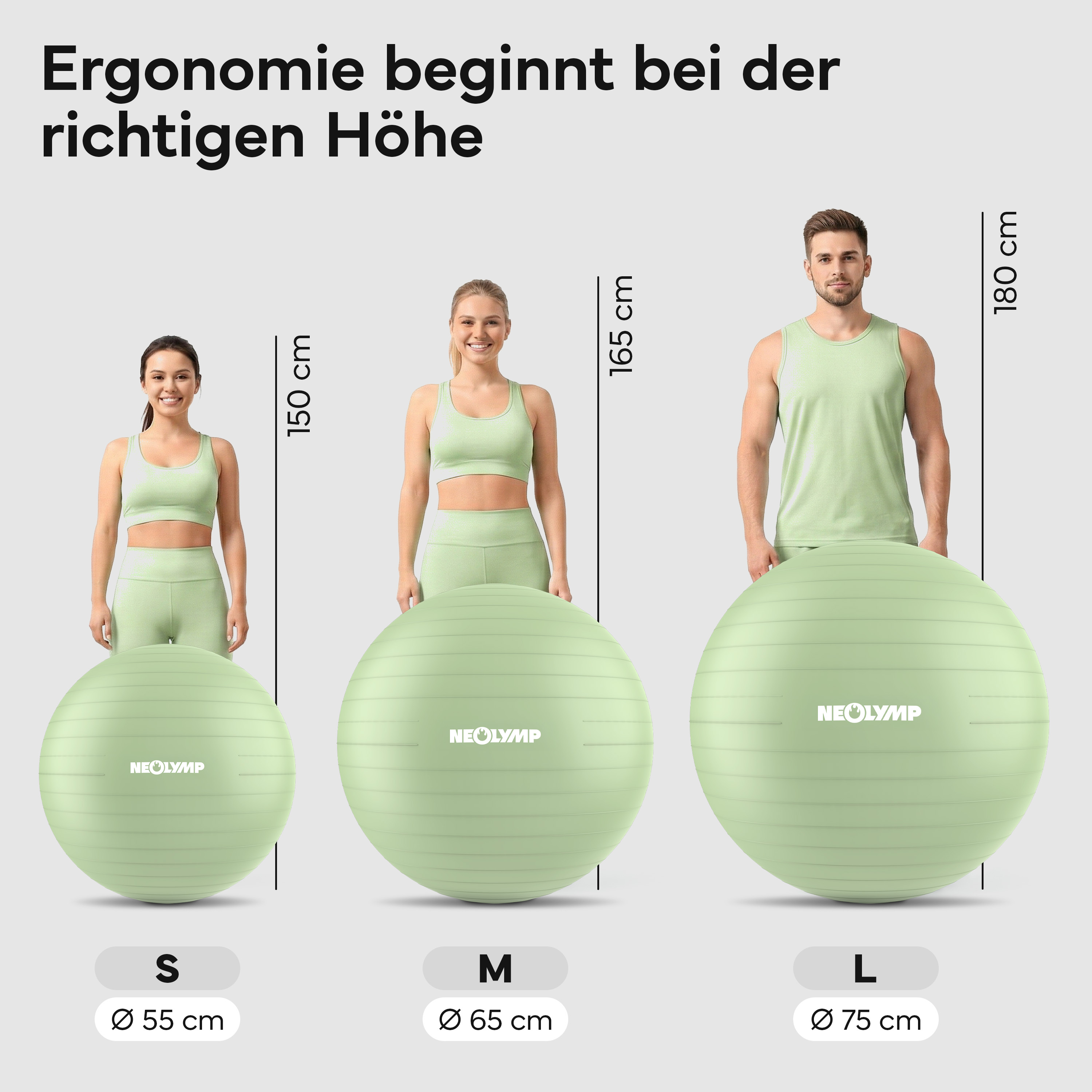 Drei Personen stehen vor Gymnastikbällen in S, M und L Größen.