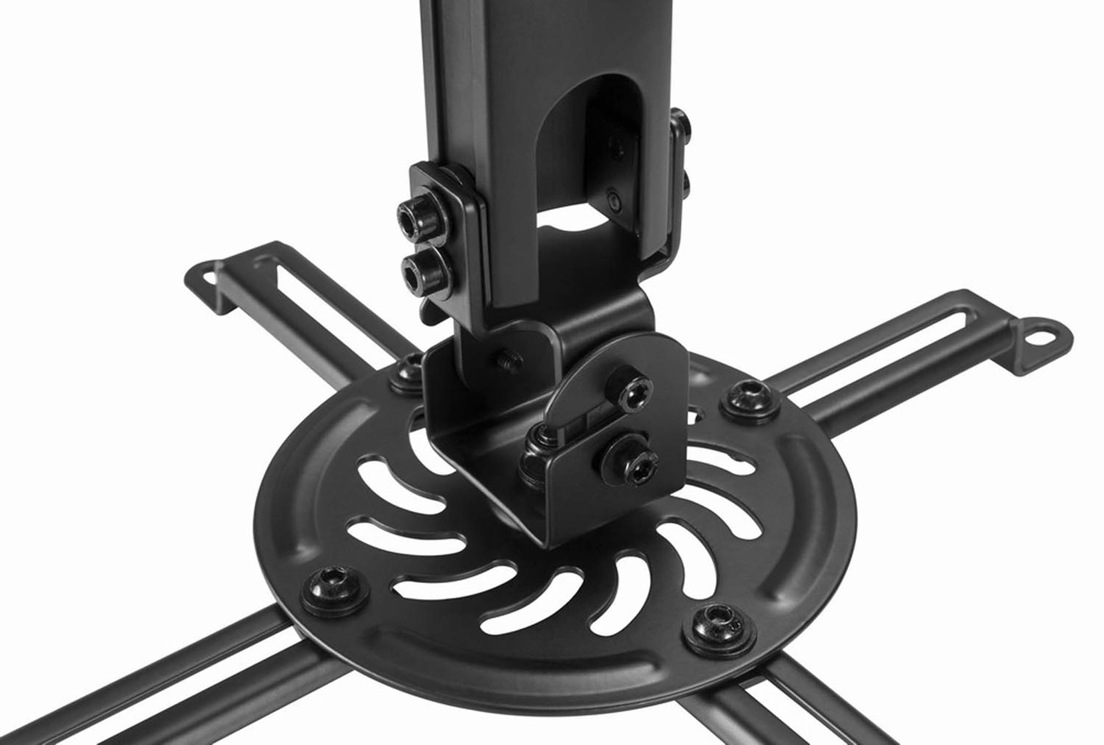 A black projector ceiling mount with adjustable arms and a circular plate.