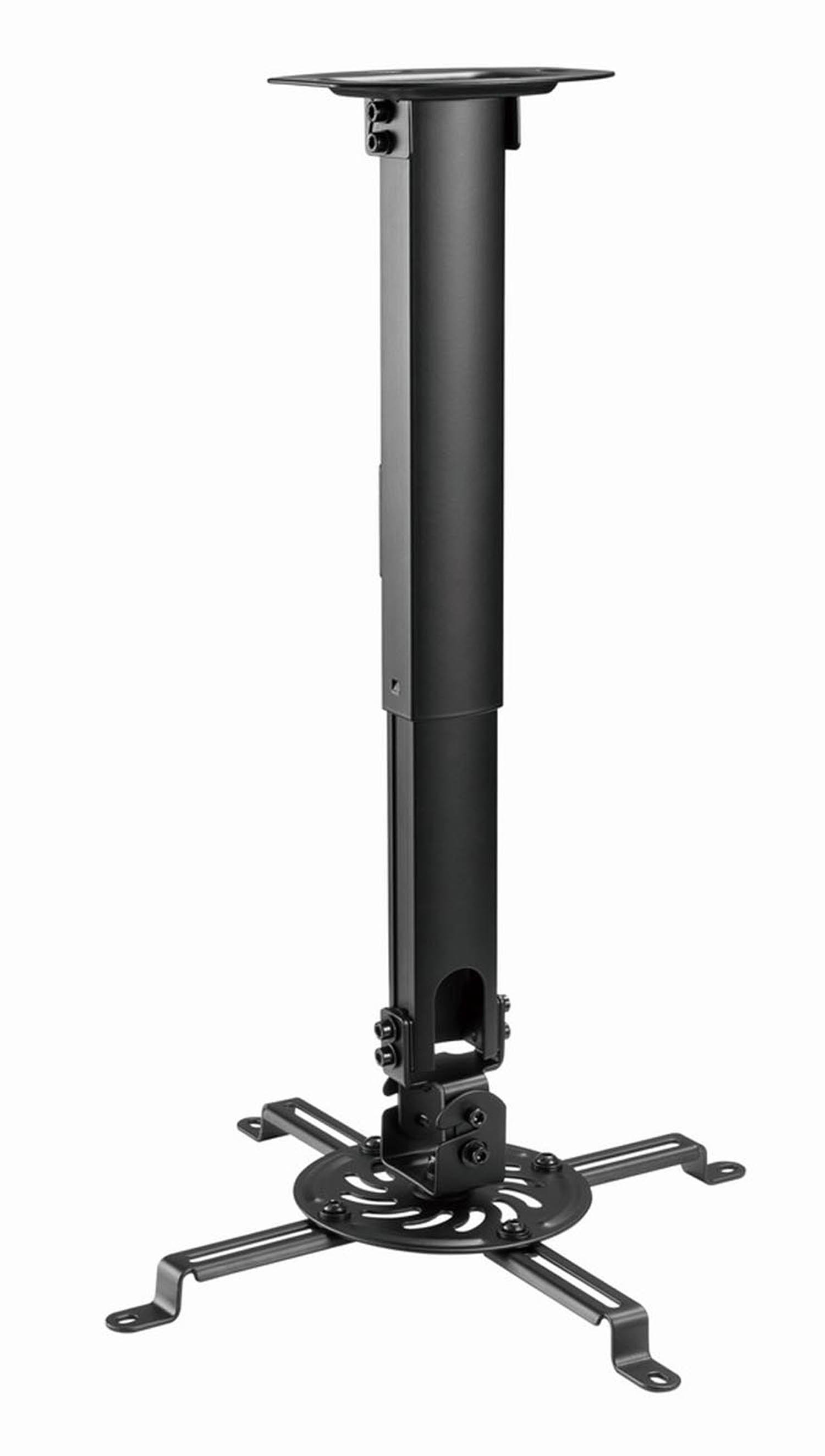 Black ceiling mount with adjustable arm and circular base plate.