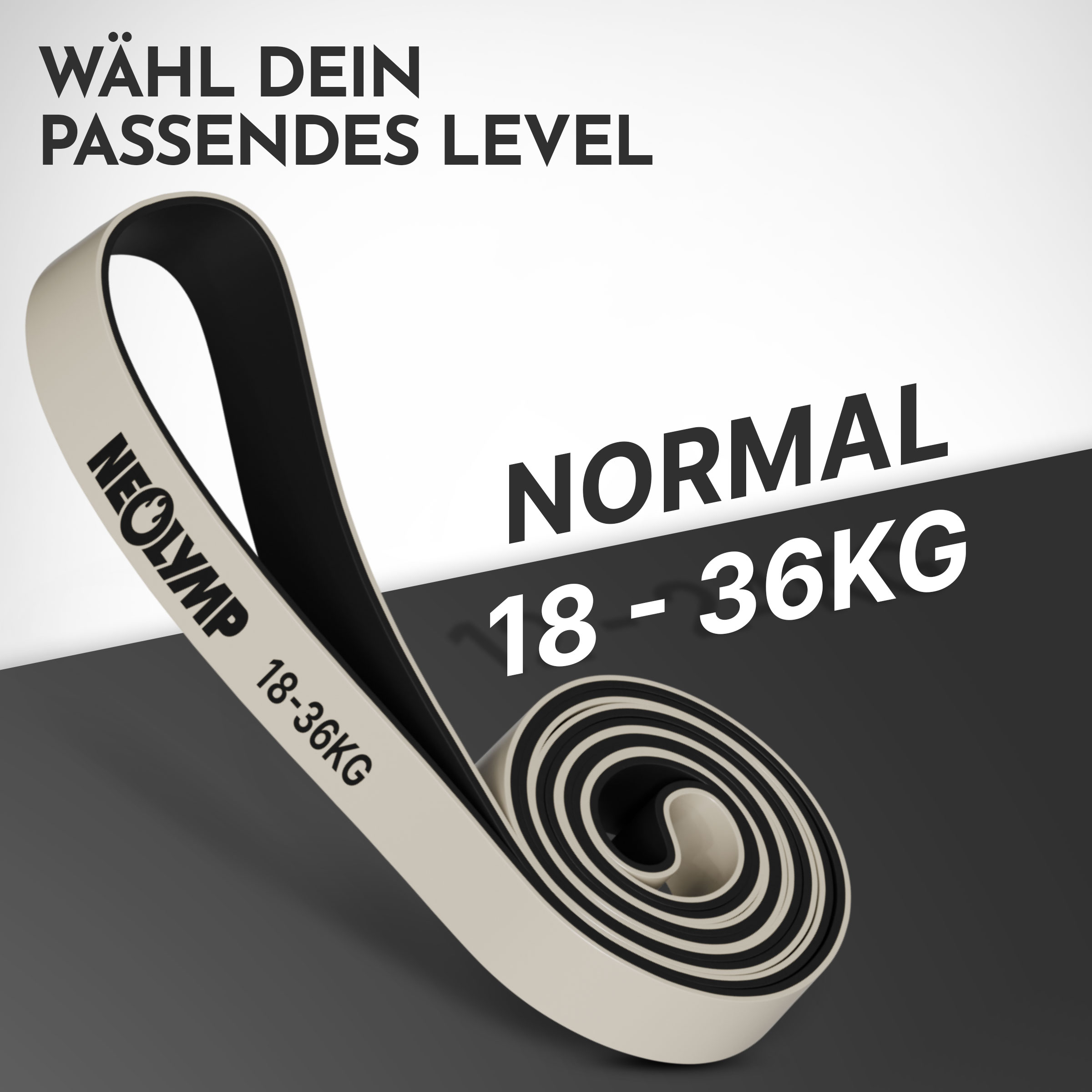 Ein beige und schwarzes Widerstandsband mit der Aufschrift 'NORMAL 18-36KG'.