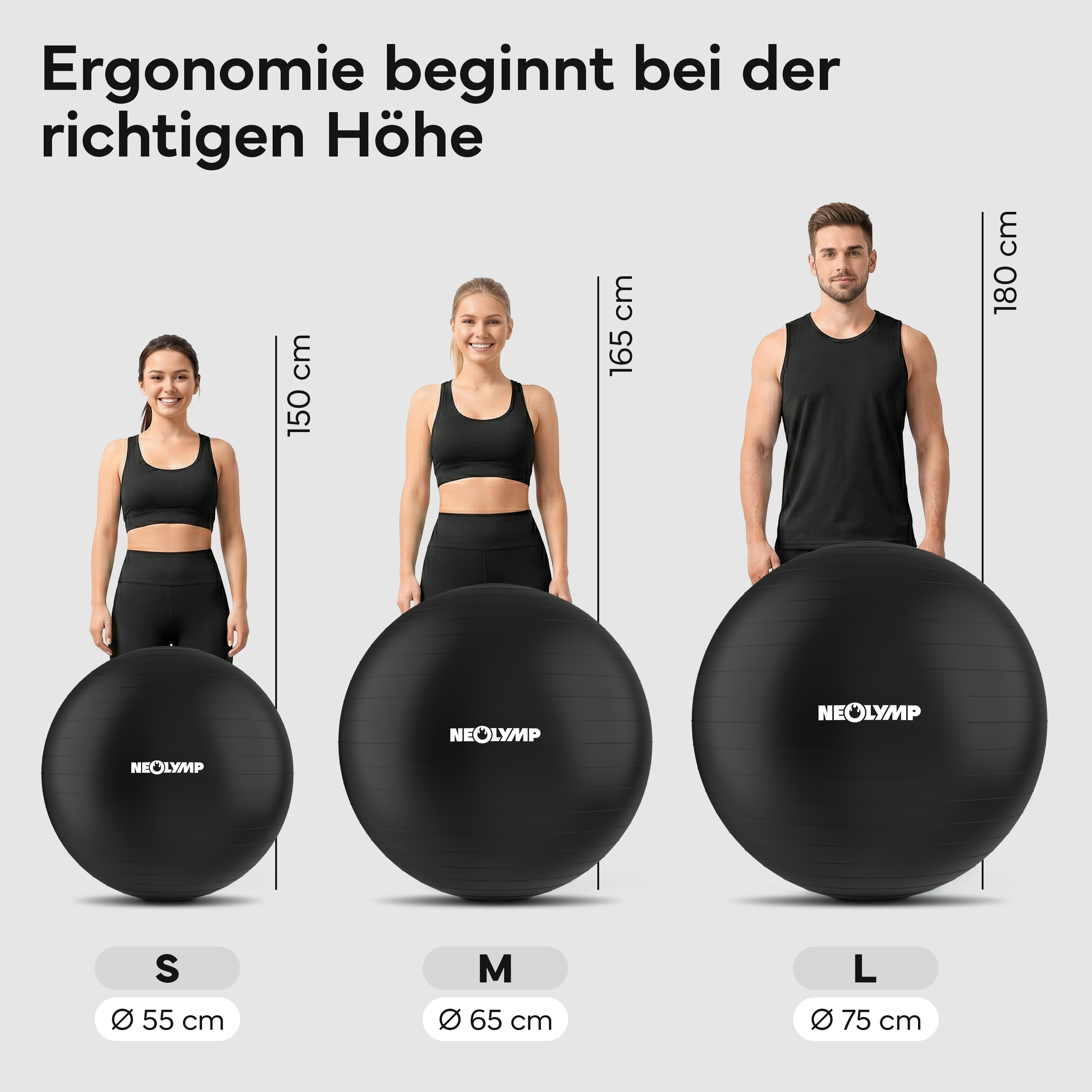 Drei Personen stehen neben Gymnastikbällen der Größen S, M und L.