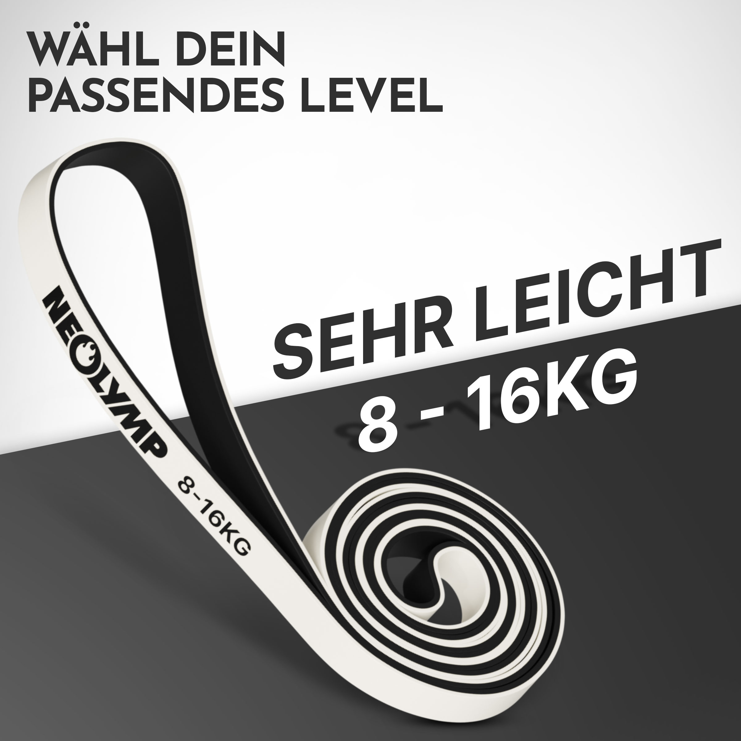 Schwarzes und weißes Widerstandsband mit der Aufschrift NEOLYMP, 8-16KG.