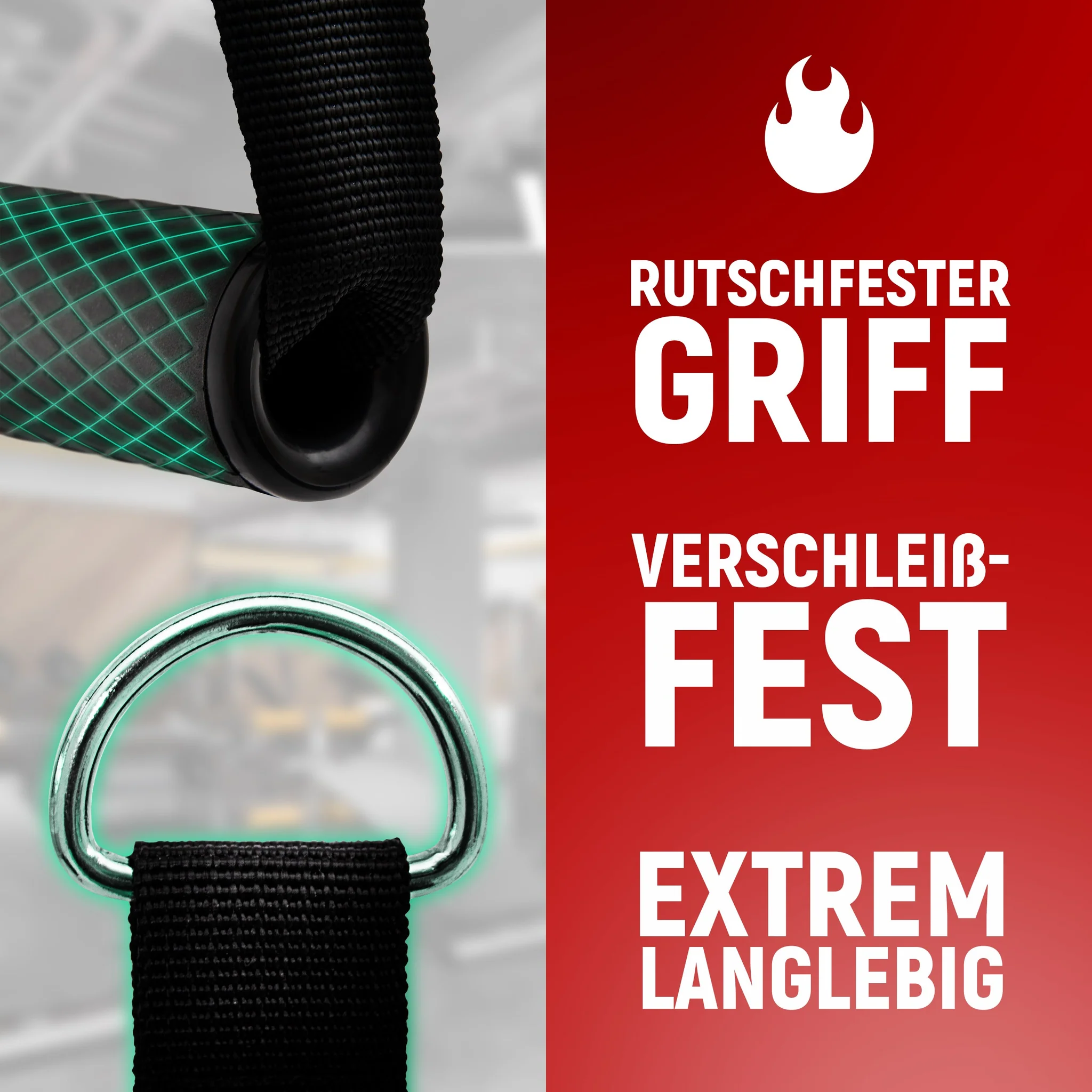 Schwarzer Griff mit grünem Muster und D-Ring. Text: Rutschfester Griff.