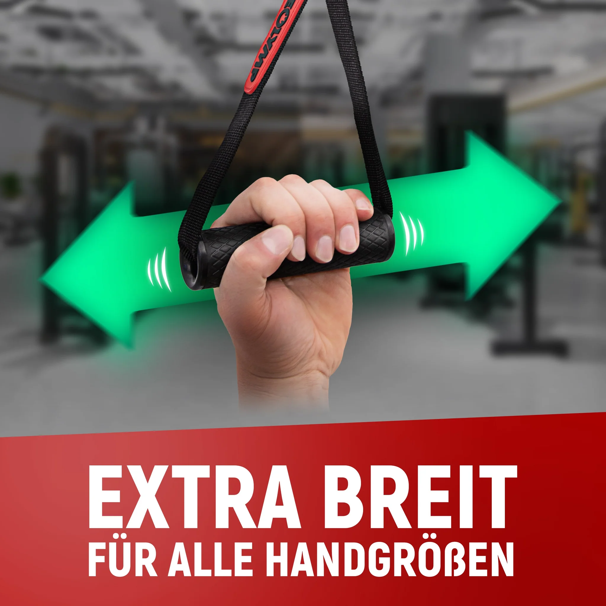 Hand greift einen schwarzen Griff mit einem grünen Pfeil, der die Breite anzeigt.