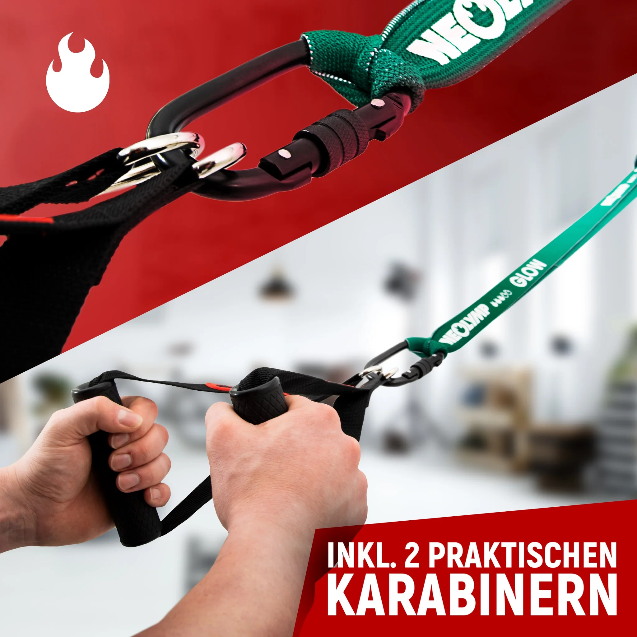 Hände halten schwarze Griffe eines Fitnessgeräts mit grünen Bändern.