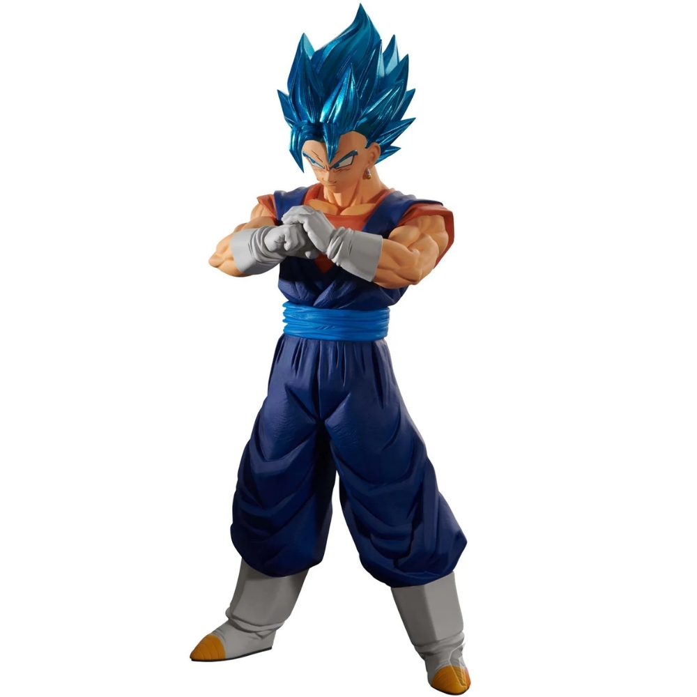 Eine Figur von Vegito mit blauen Haaren und blauer Kleidung, die auf weißem Hintergrund steht.