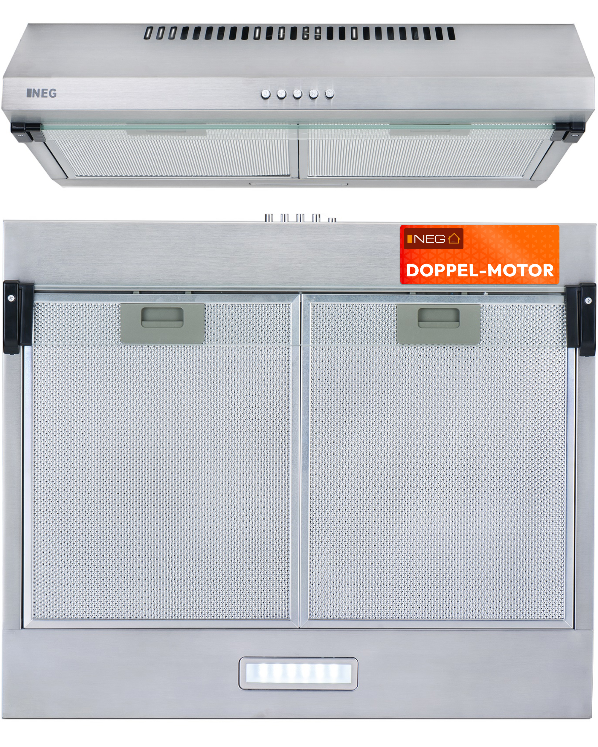 Edelstahl-Dunstabzugshaube mit Doppelmotor, Glasplatte und LED-Beleuchtung.
