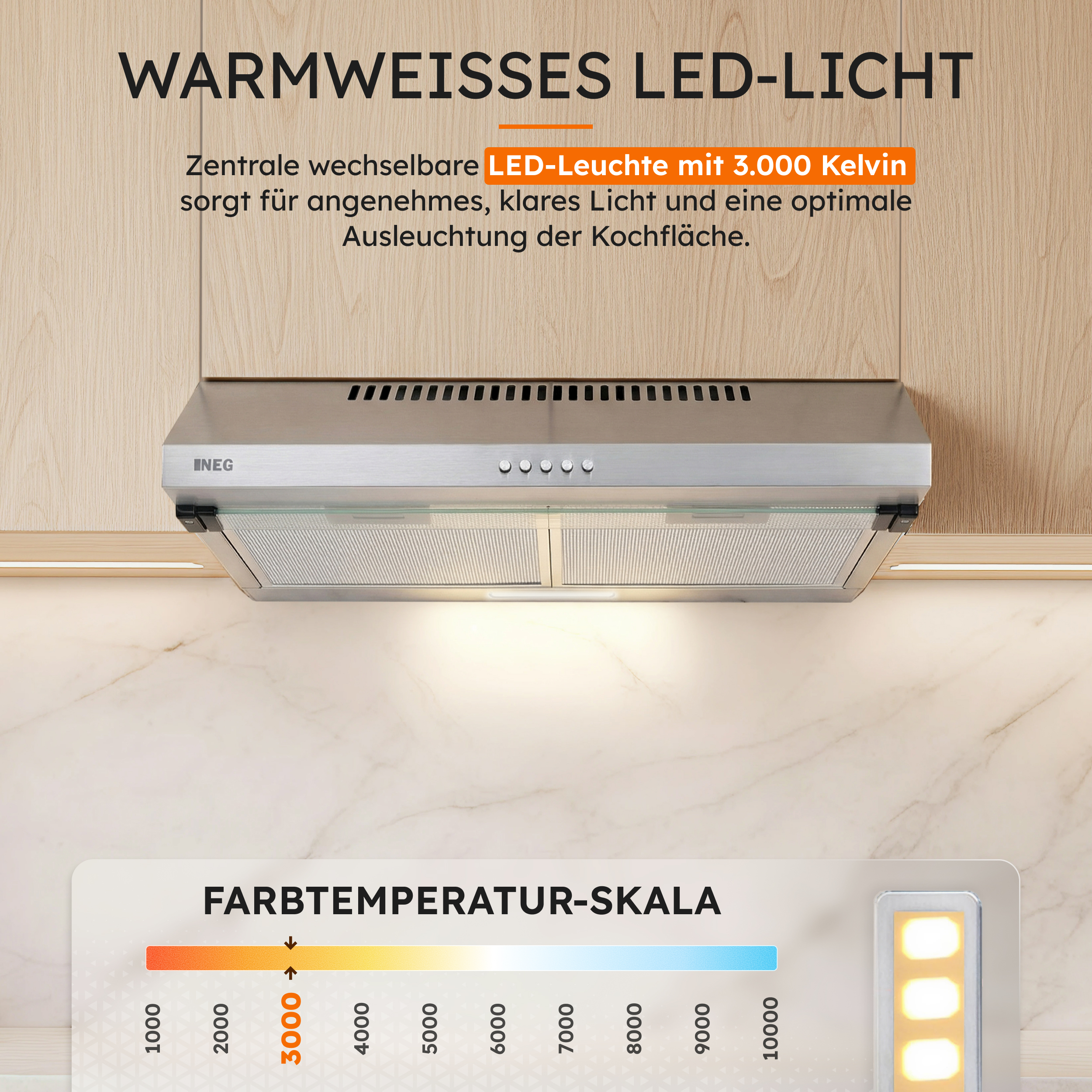 Edles Küchen-Design mit integriertem LED-Licht und Temperatur-Skala.