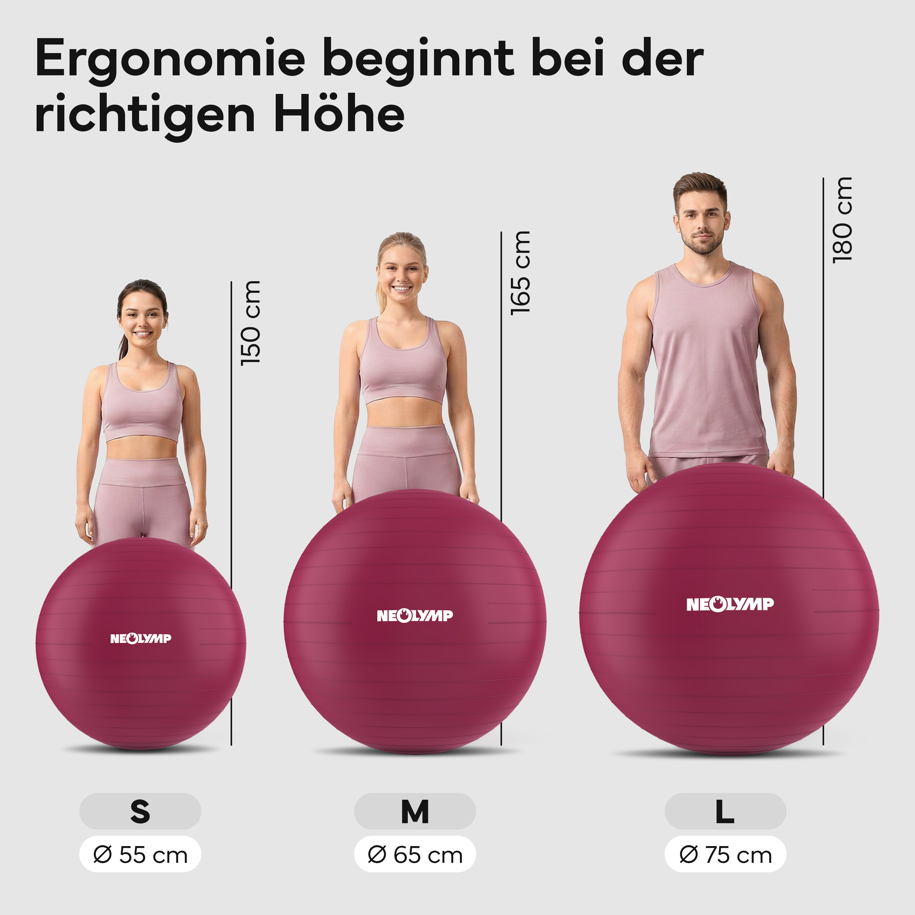 Drei Personen stehen neben Gymnastikbällen in verschiedenen Größen.
