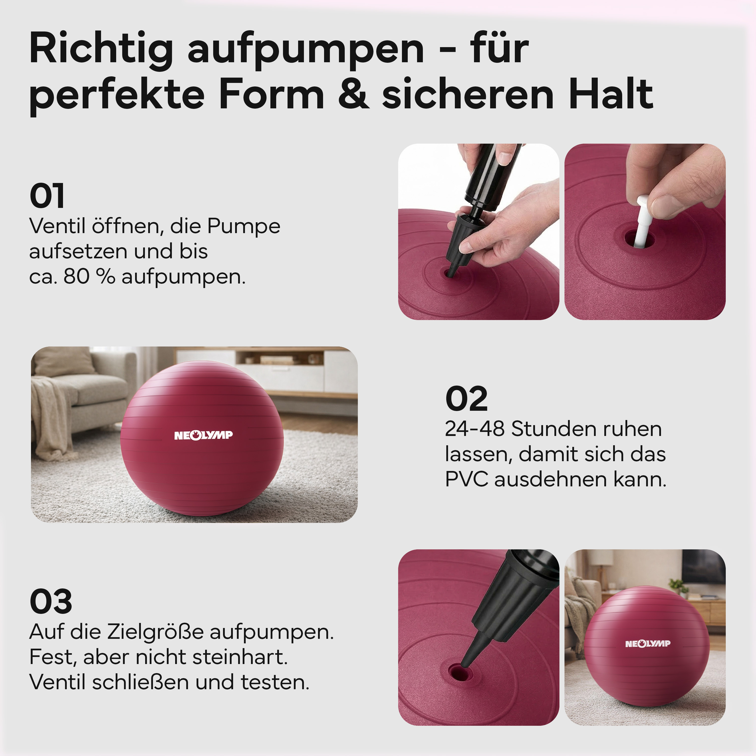 Anleitung zum Aufpumpen eines Gymnastikballs mit Pumpe und Ventil.