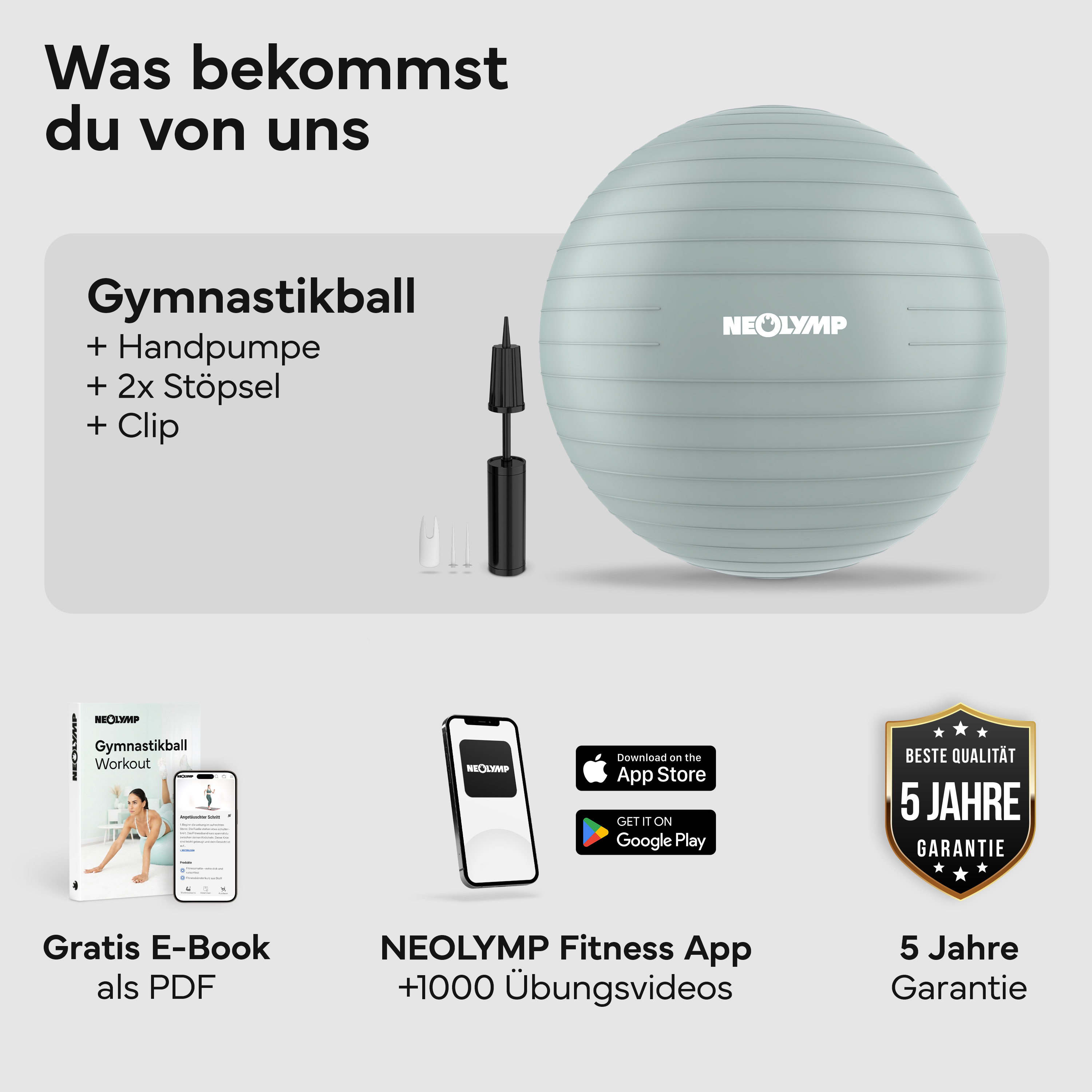 Ein türkisfarbener Gymnastikball mit Pumpe und Zubehör, daneben ein E-Book, App-Icons und Garantie-Siegel.