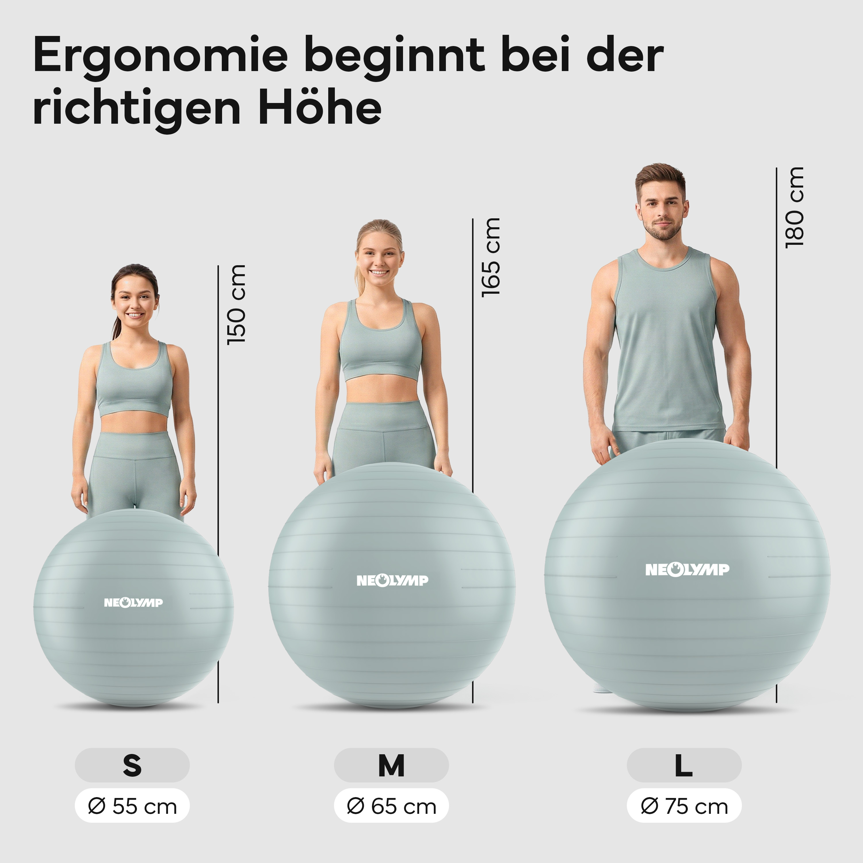 Drei Personen stehen neben Gymnastikbällen der Größen S, M und L.