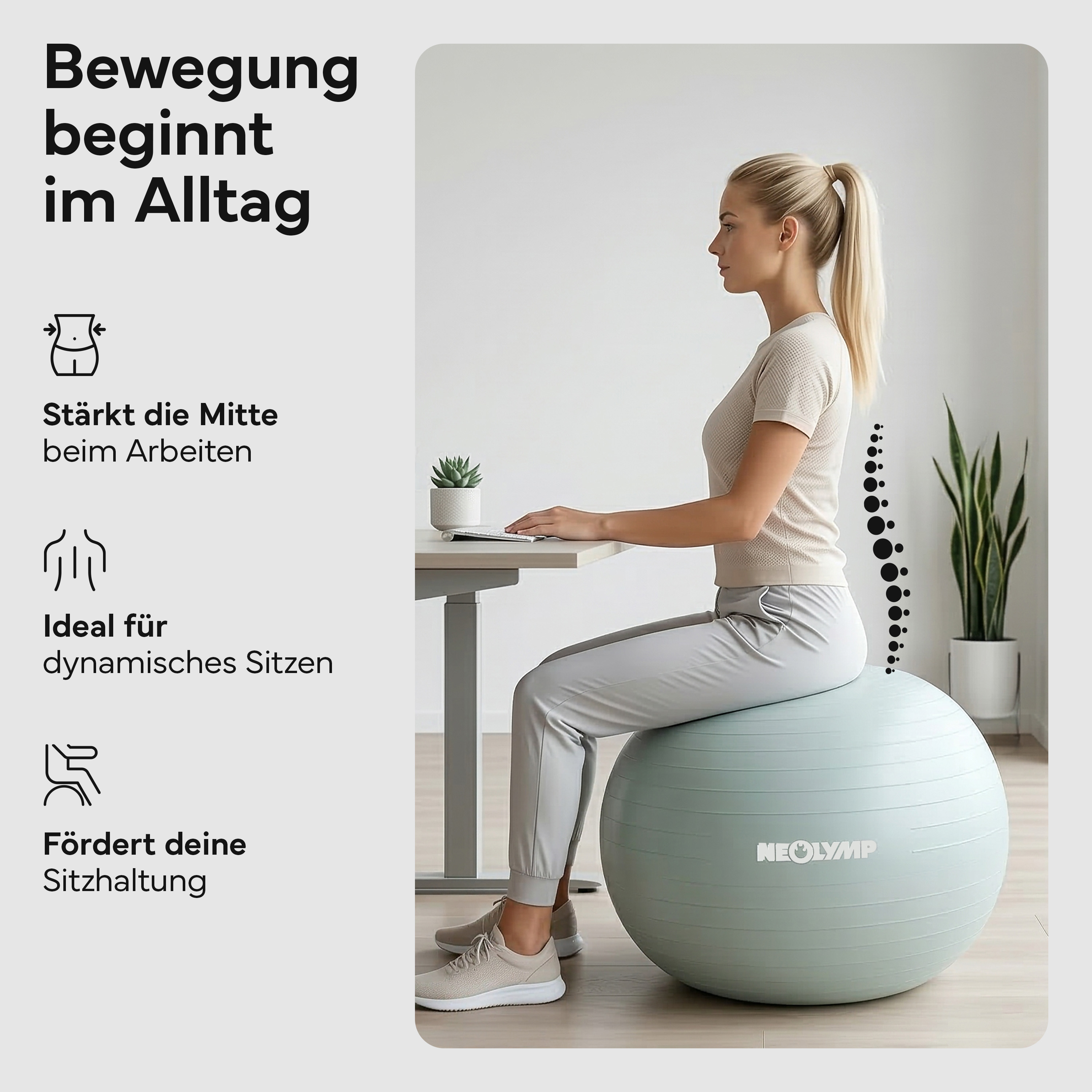 Frau sitzt auf einem Gymnastikball vor einem Schreibtisch. Text erklärt Vorteile.