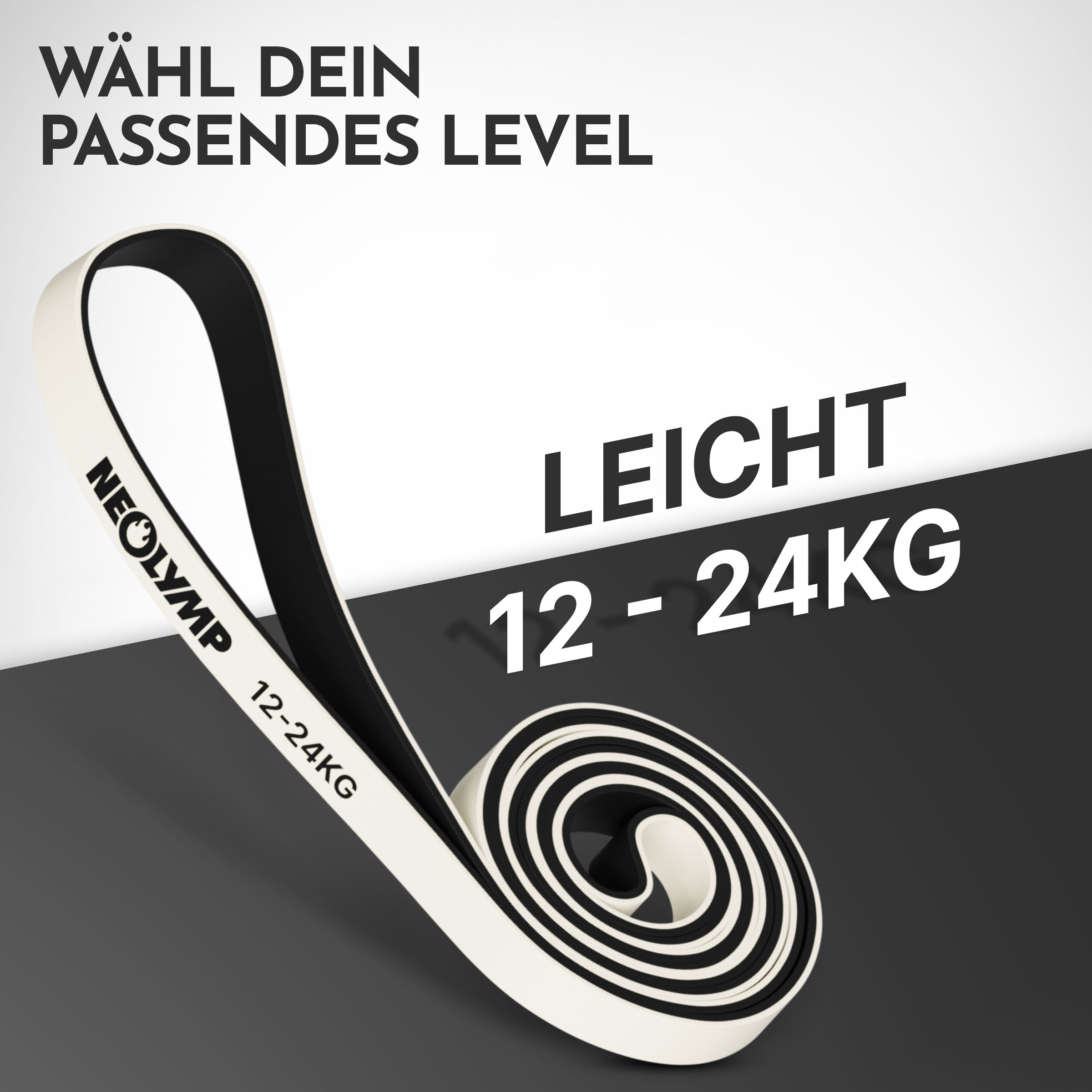 Ein weißes und schwarzes Widerstandsband mit der Aufschrift „LEICHT 12 - 24KG“.