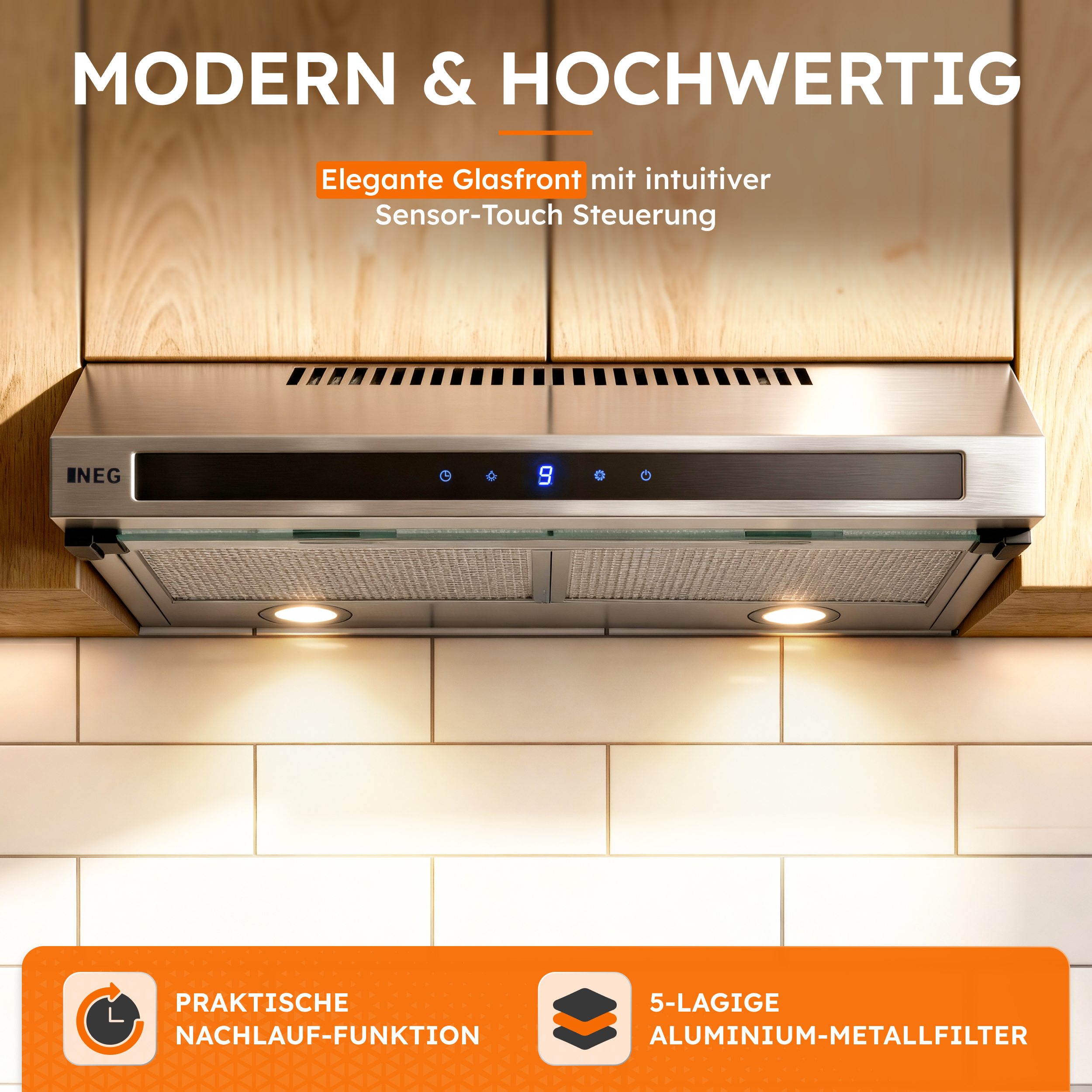 Moderne Dunstabzugshaube mit Glasfront, Touch-Steuerung und Metallfilter.