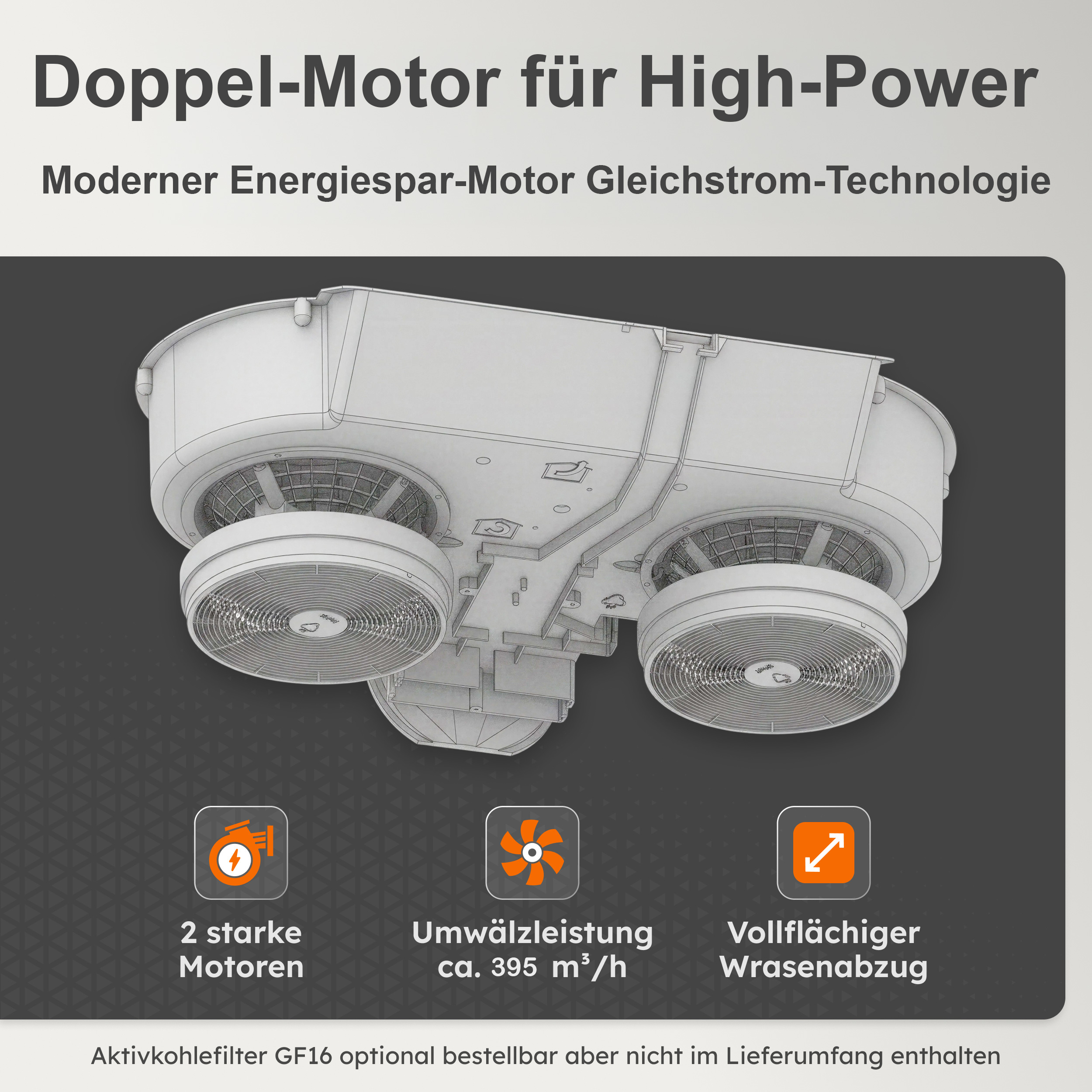 Ein Doppelmotor für High-Power mit zwei Lüftern, detaillierter Ansicht.
