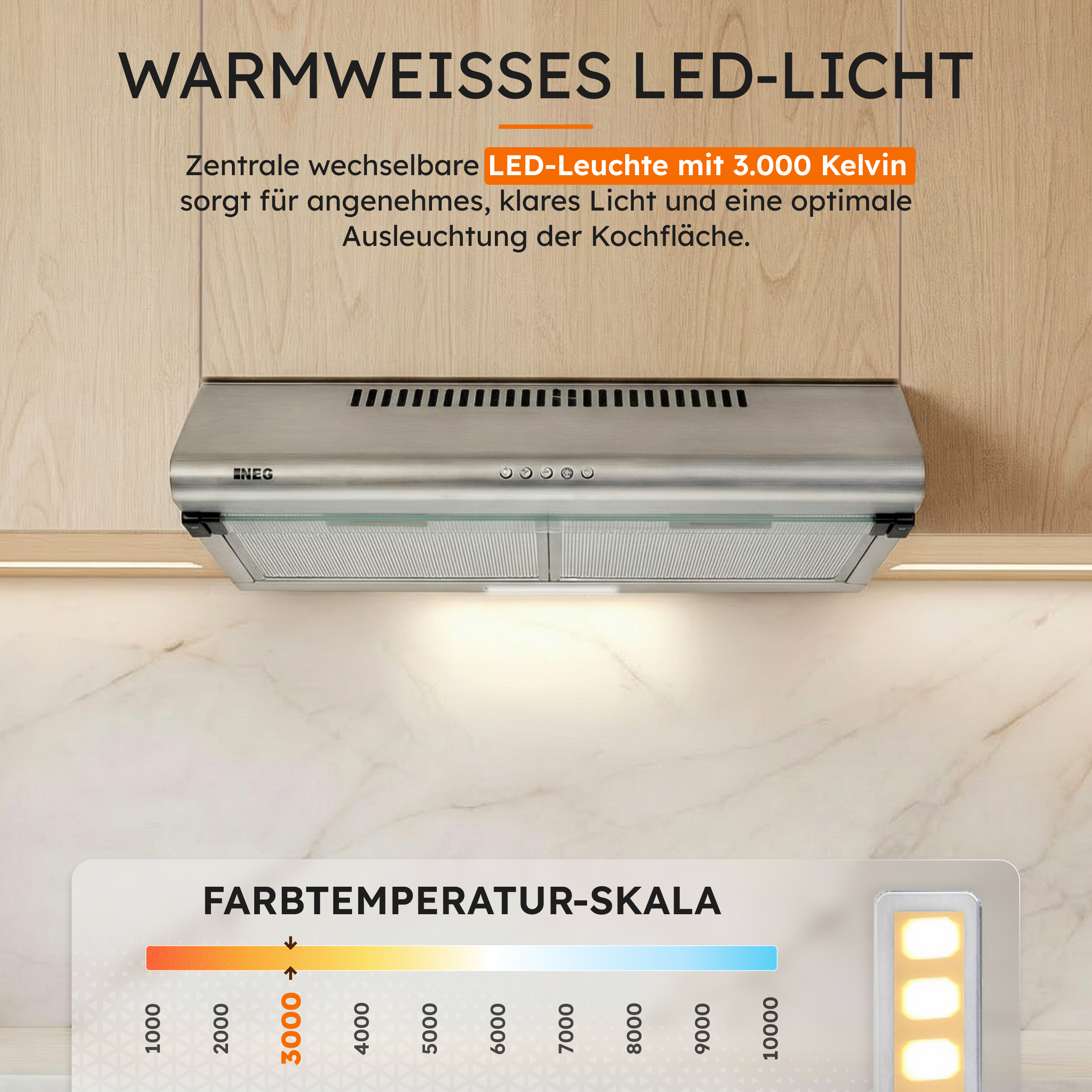 Edelstahl-Dunstabzugshaube mit warmweißem LED-Licht, 3000 Kelvin.