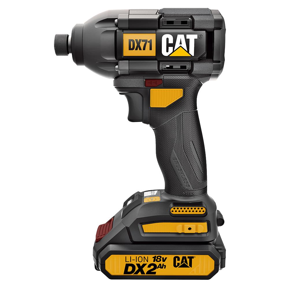 Siyah ve sarı CAT darbeli vidalama makinesi, "DX71" ve "CAT" logolu.