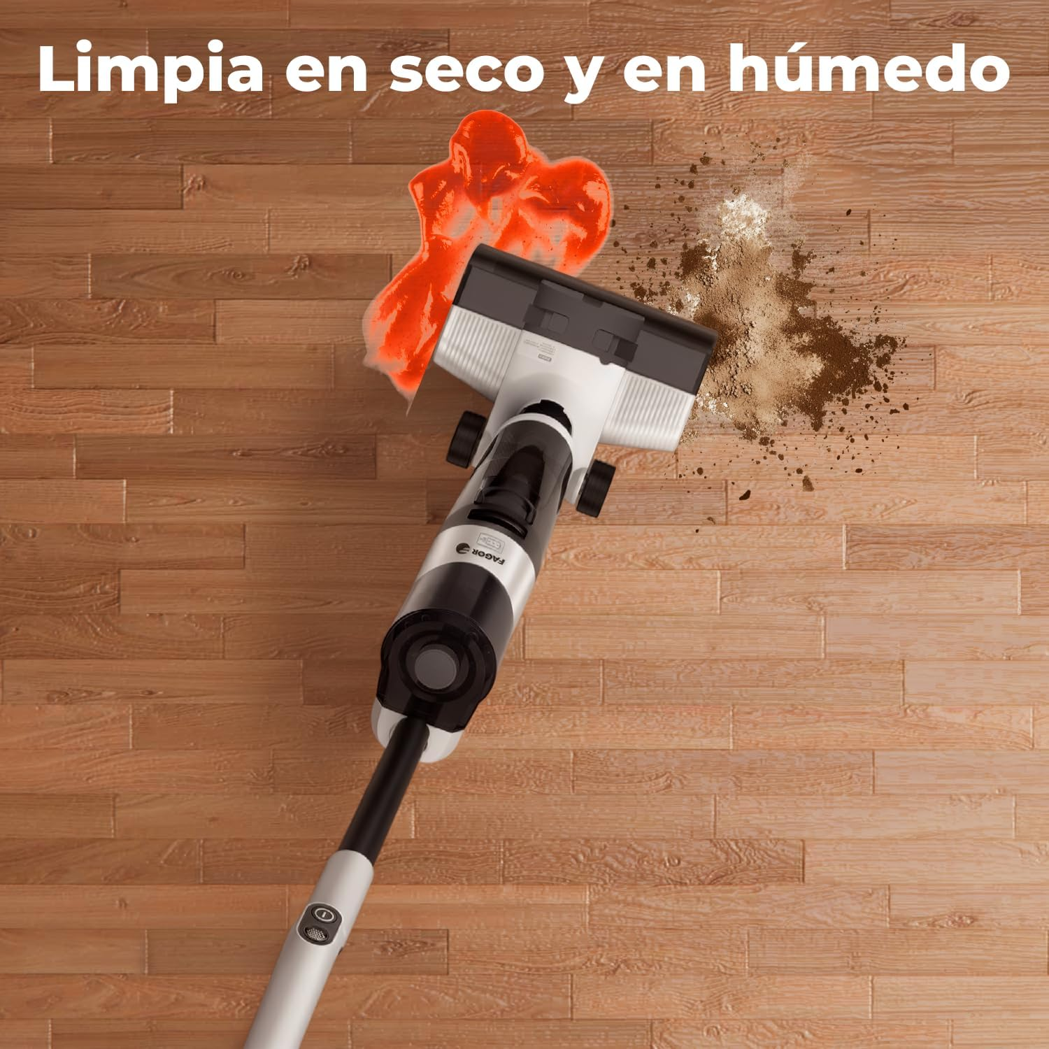 Una aspiradora inalámbrica limpia un suelo de madera de suciedad húmeda y seca.