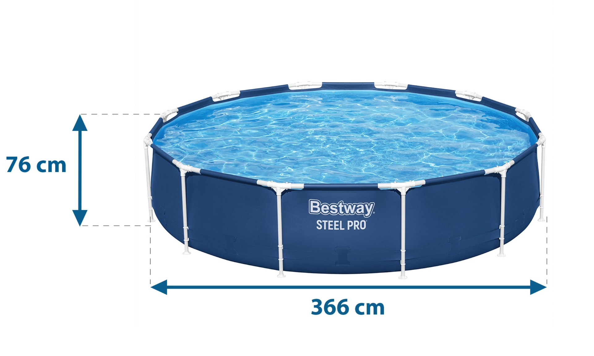 Niebieski basen Bestway Steel Pro, szeroki na 366 cm, wysoki na 76 cm, wypełniony czystą wodą.