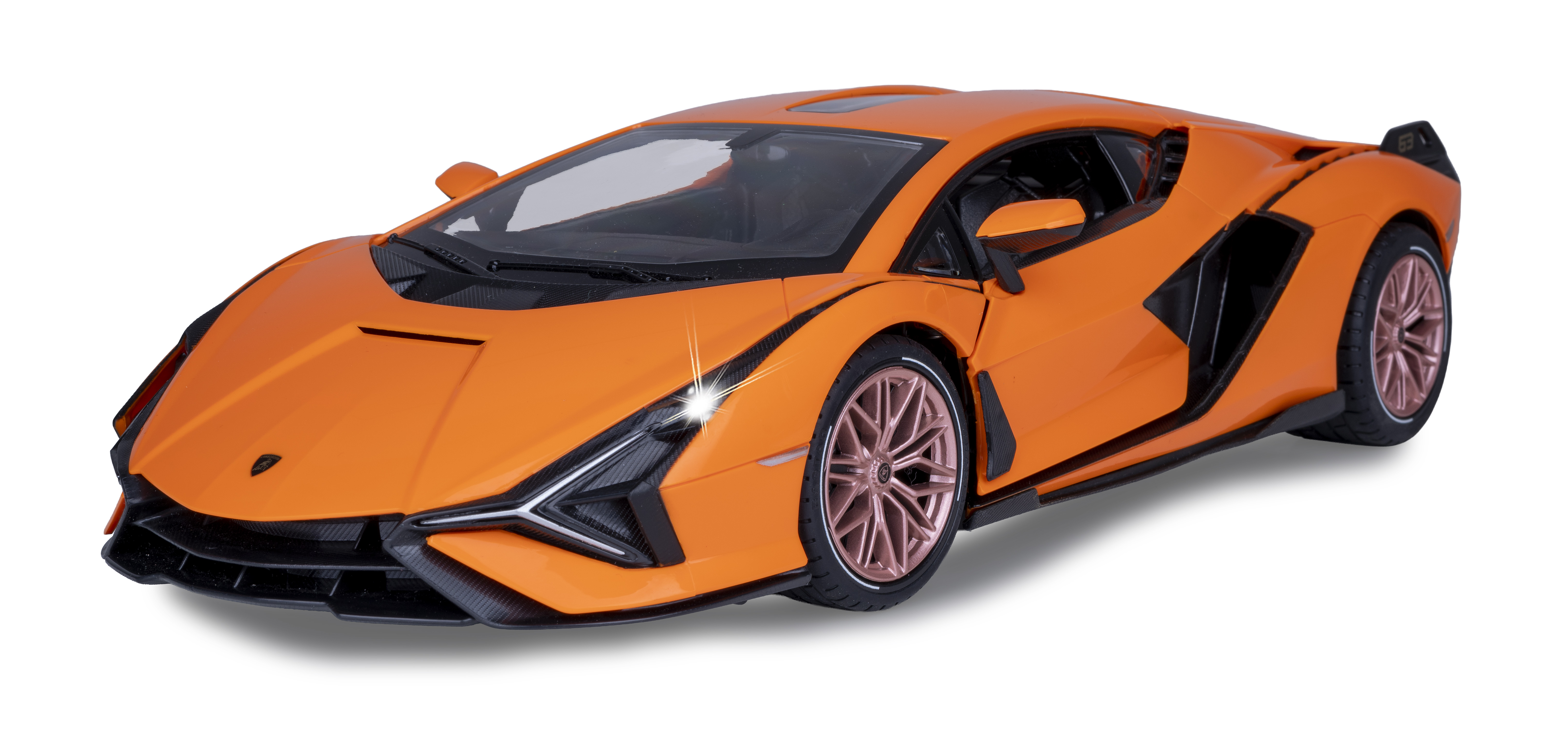 Ein oranges Sportwagenmodell mit glänzenden Felgen, auf weißem Hintergrund.