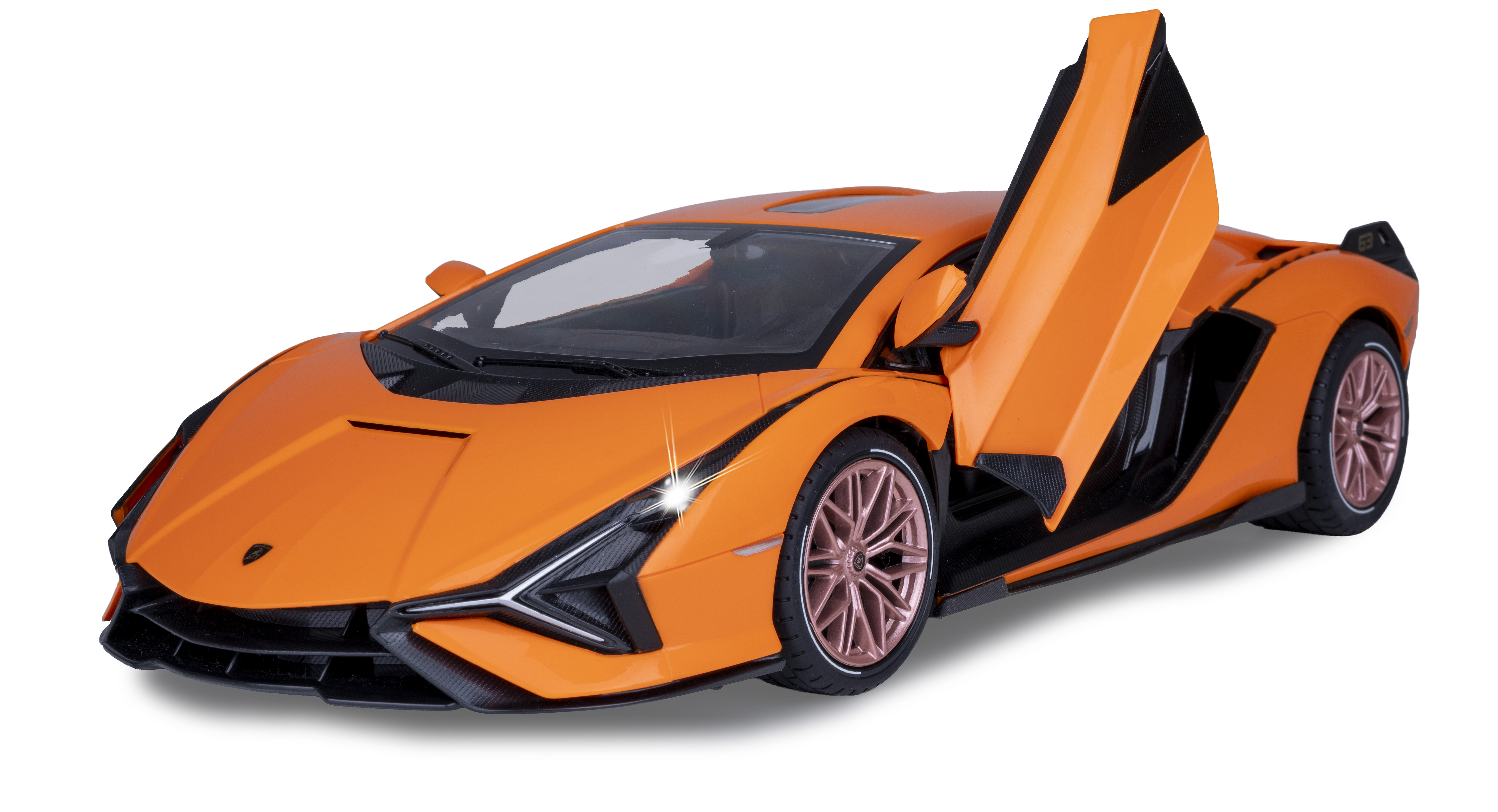 Orange Sportwagen mit Flügeltüren, schwarzem Carbon und roségoldenen Felgen.