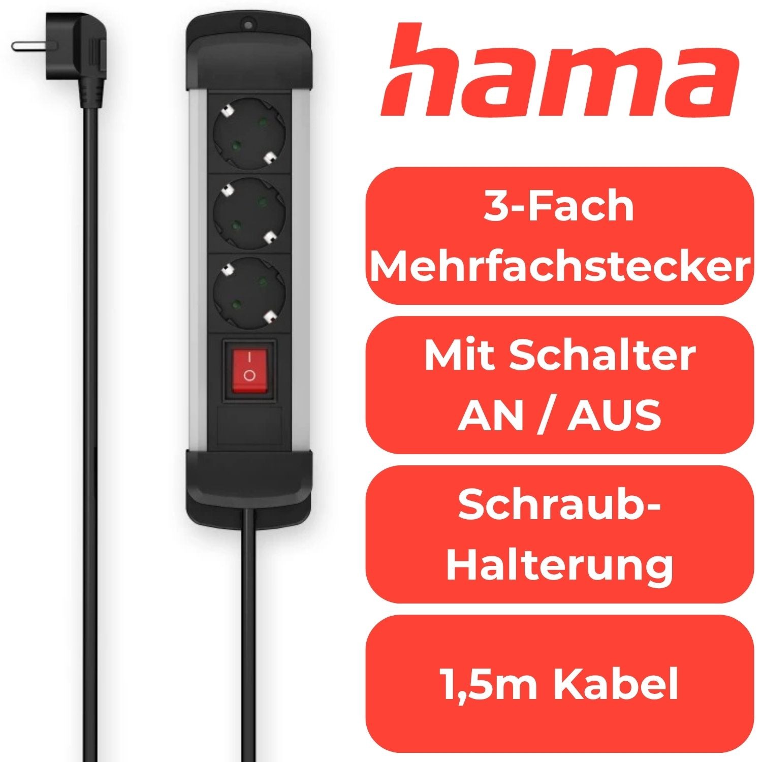 Hama 3-fach Steckdosenleiste mit Schalter, 1,5m Kabel, schwarz/silber.