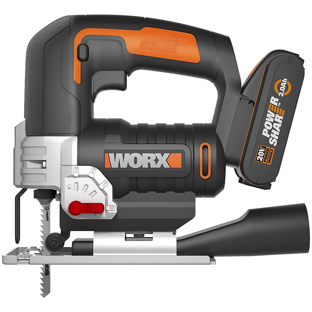 Schwarze und orangefarbene Stichsäge von Worx mit 20V Power Share Akku und Sägeblatt.