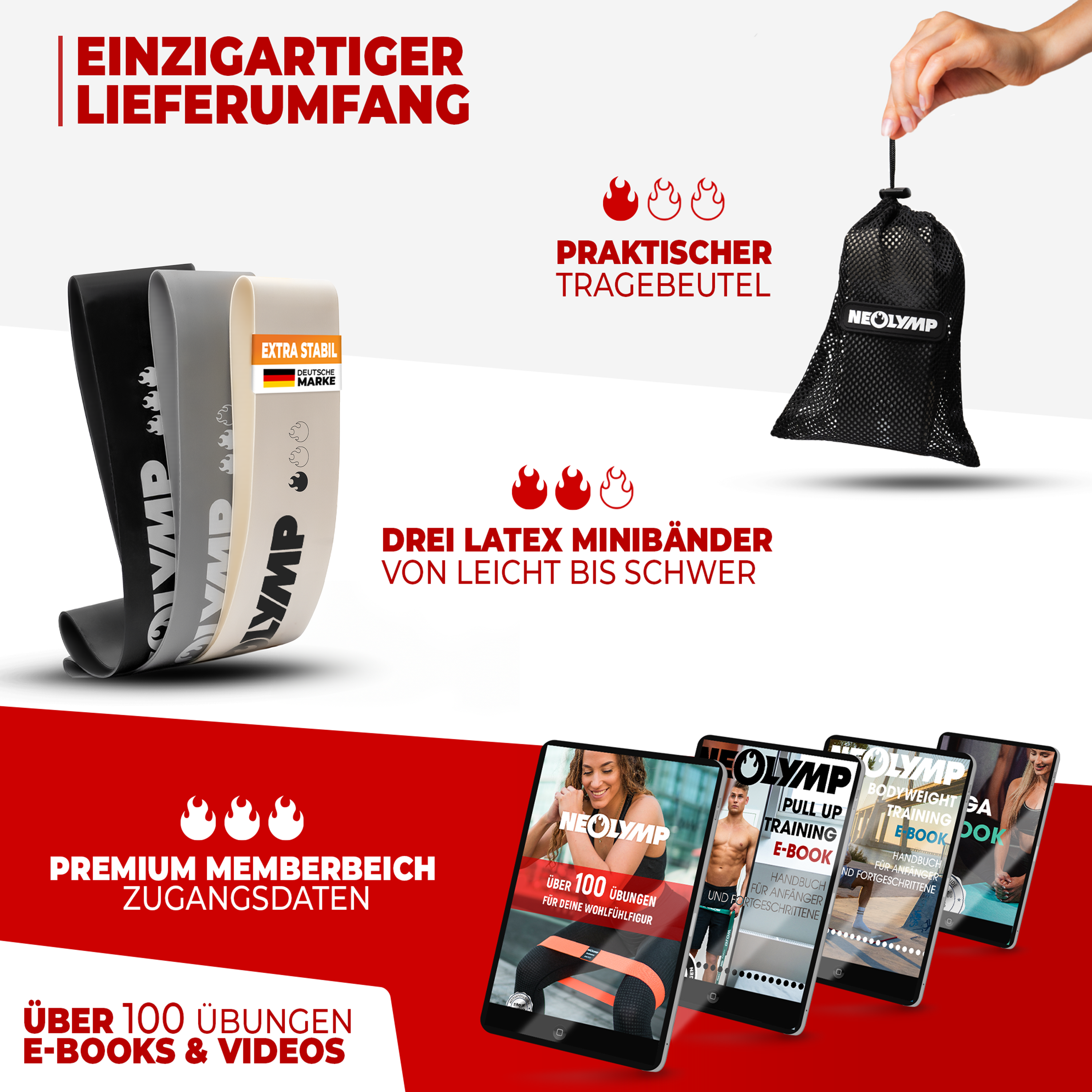 Drei schwarze, graue und beige Latex-Minibänder mit Aufbewahrungsbeutel.