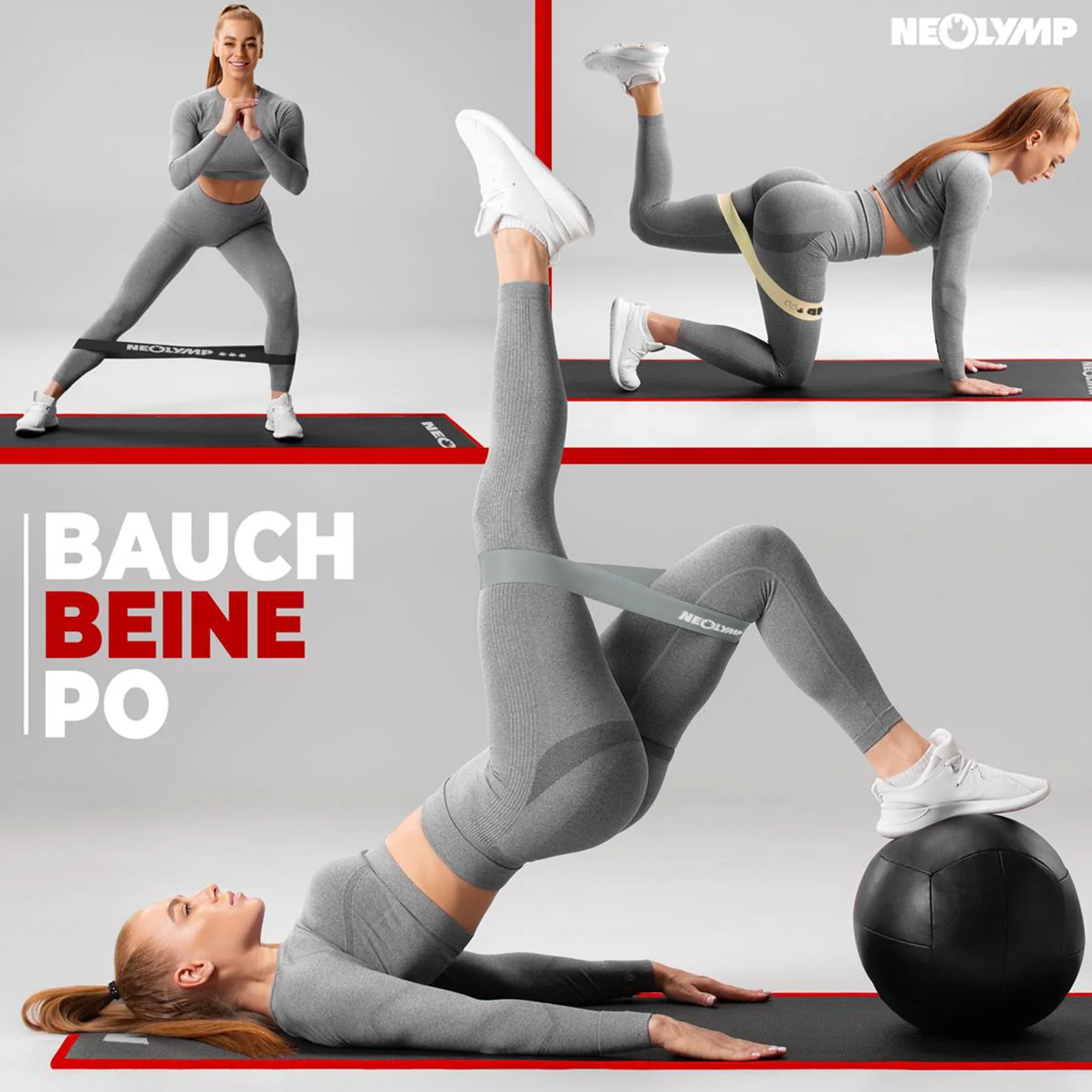 Frau macht Übungen mit Widerstandsbändern und einem Medizinball auf einer Matte.