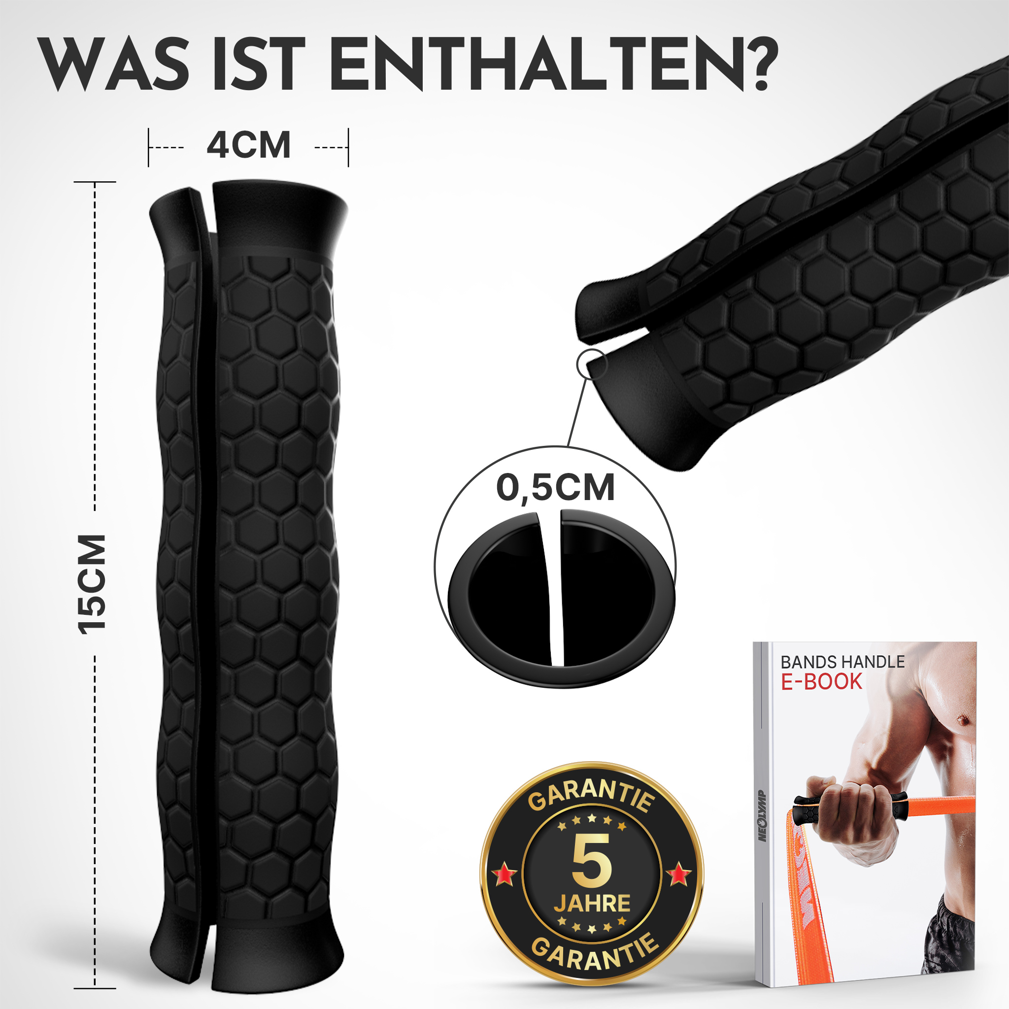 Schwarzer Bandgriff mit Maßen 15cm Länge, 4cm Breite, 0,5cm Öffnung. E-Book.