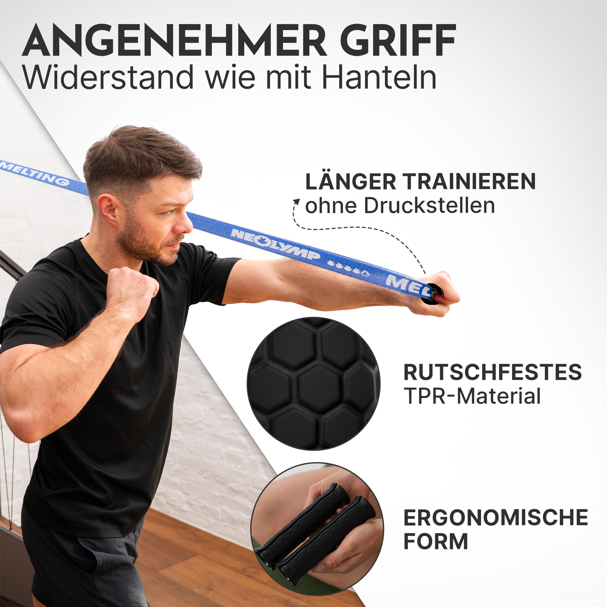 Ein Mann trainiert mit einem blauen Band, das mit "NEOLYMP" beschriftet ist.