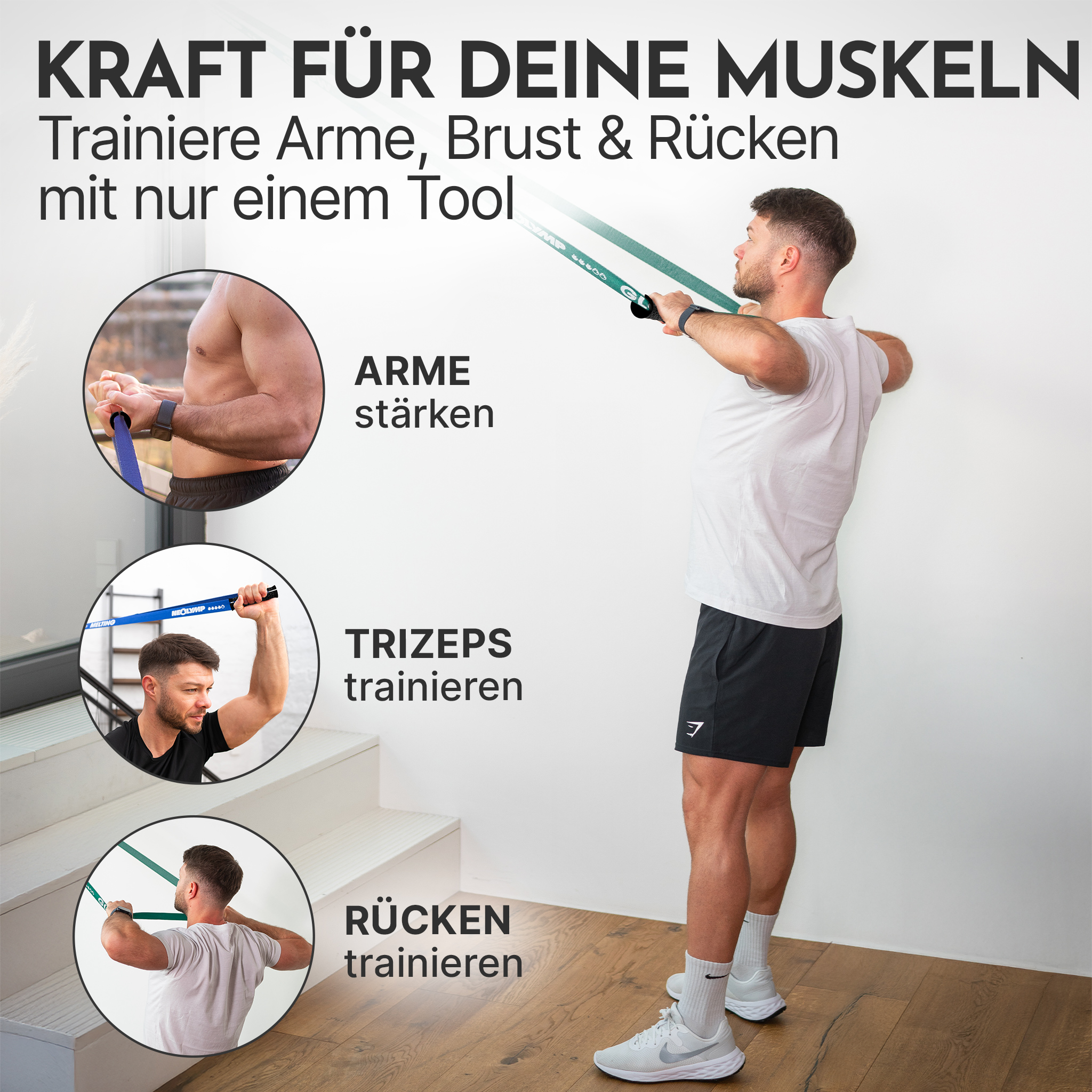 Mann trainiert mit Widerstandsbändern, zeigt Arm-, Trizeps- und Rückentraining.