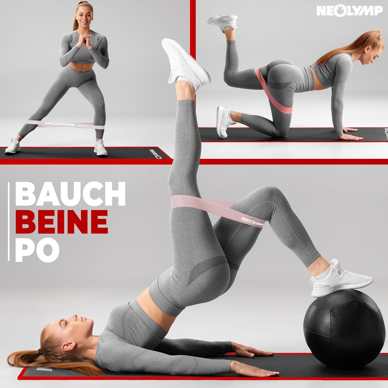 Frau macht Übungen mit Fitnessbändern und Ball.