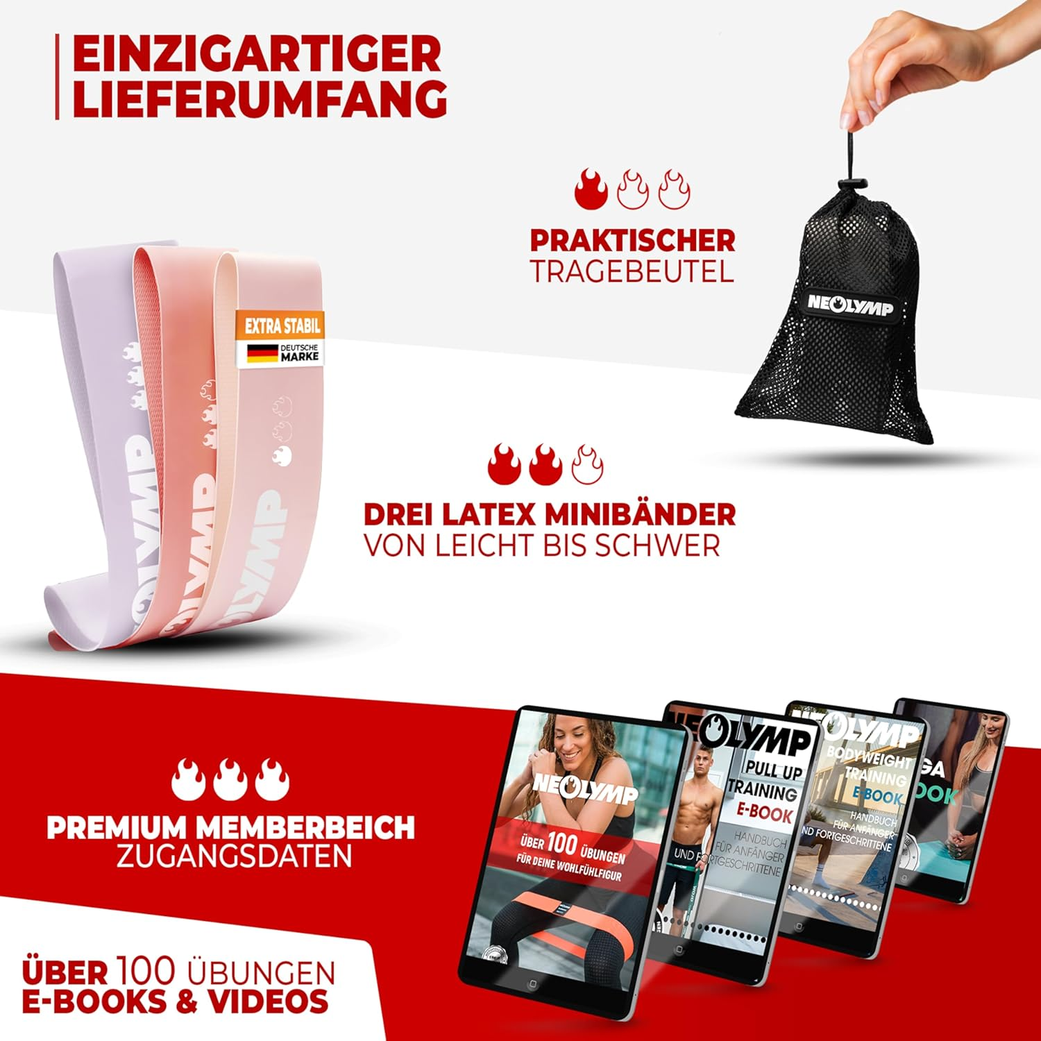 Drei bunte Trainingsbänder, ein Netzbeutel und E-Books auf Tablets.