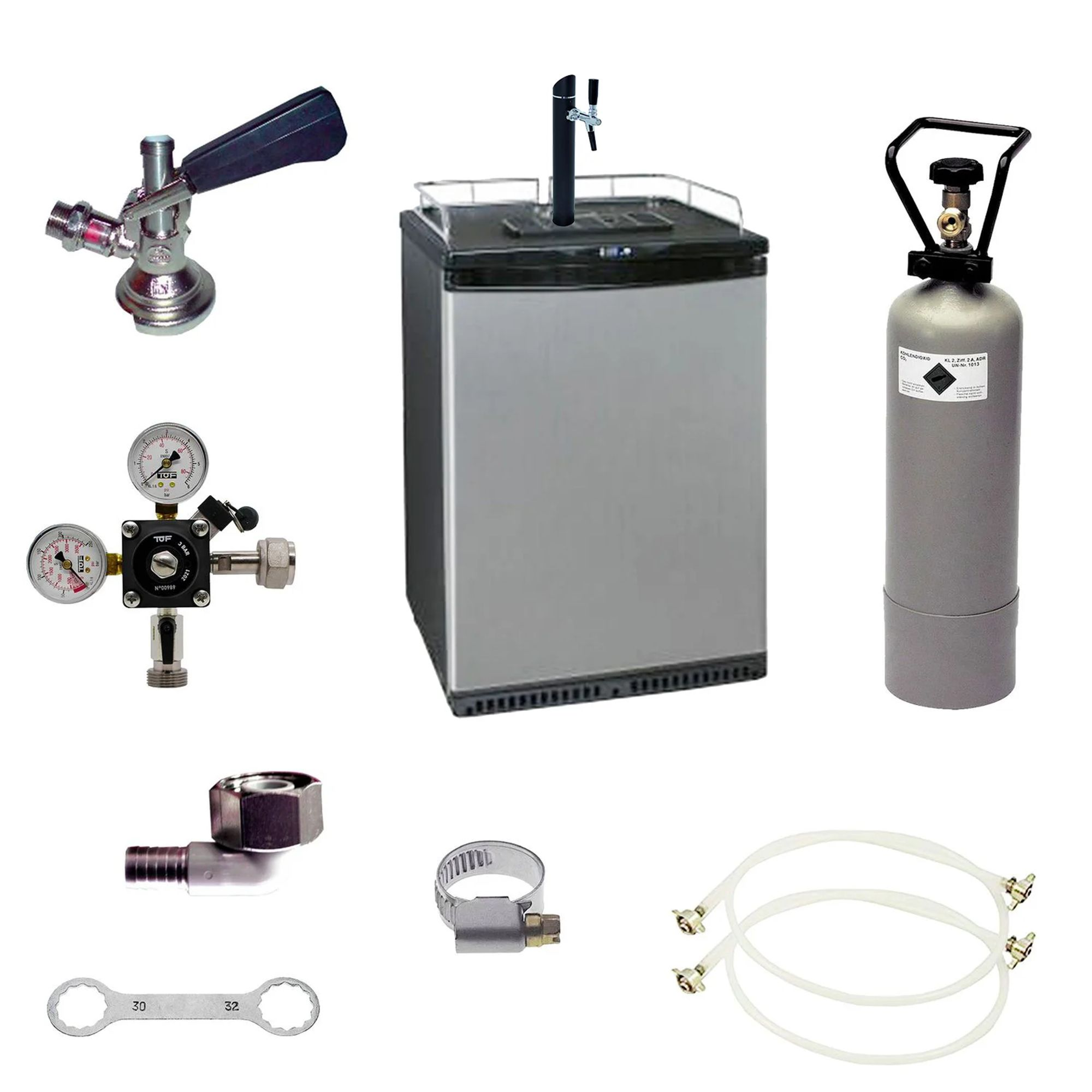 Distributeur de bière avec robinet, bouteille de CO2, détendeur et accessoires.