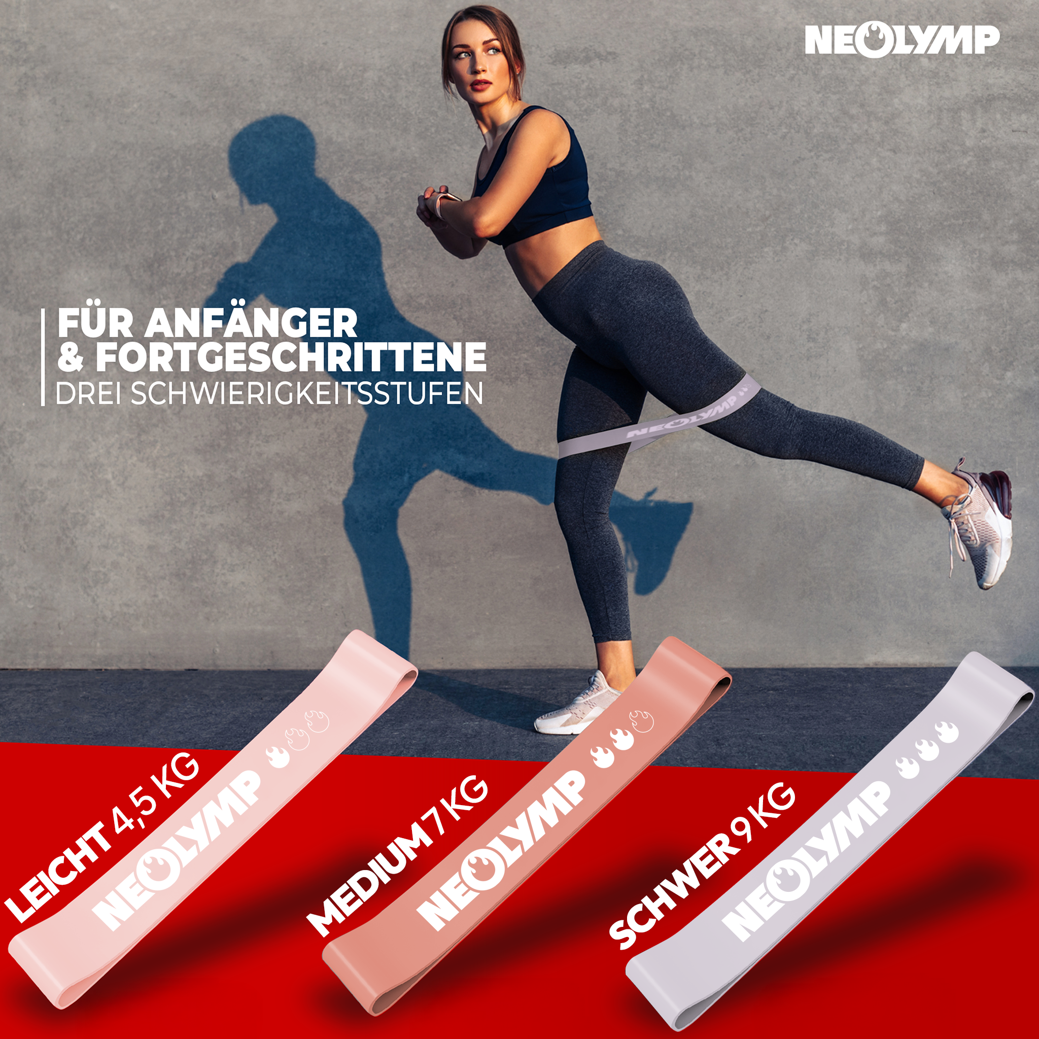 Frau mit Fitnessband im Training, drei Bänder in Rosa, Koralle und Lila.