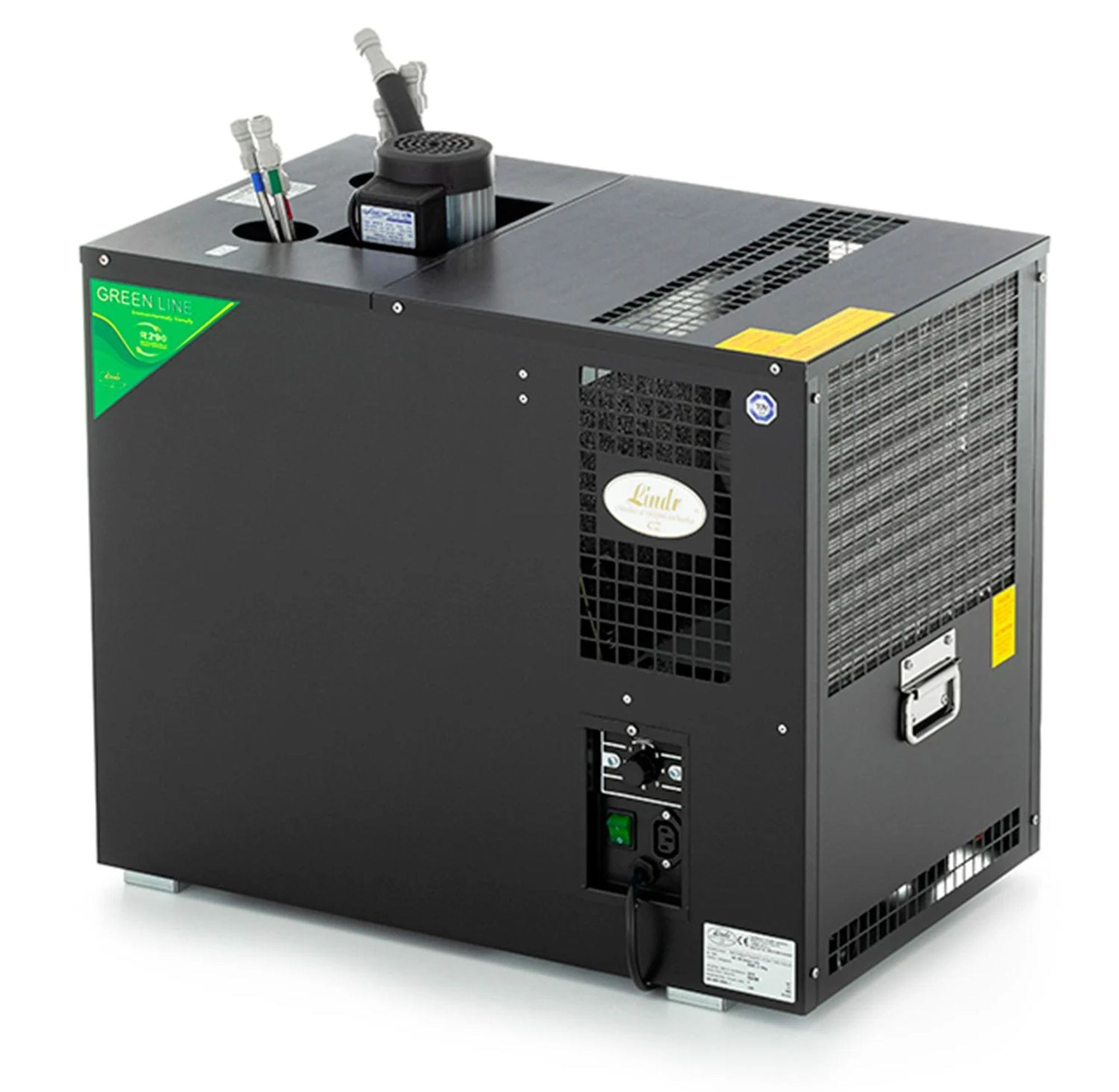 Zwarte drankkoeler met slangen, motor en ventilatieopeningen. Groen Lijn logo voor.