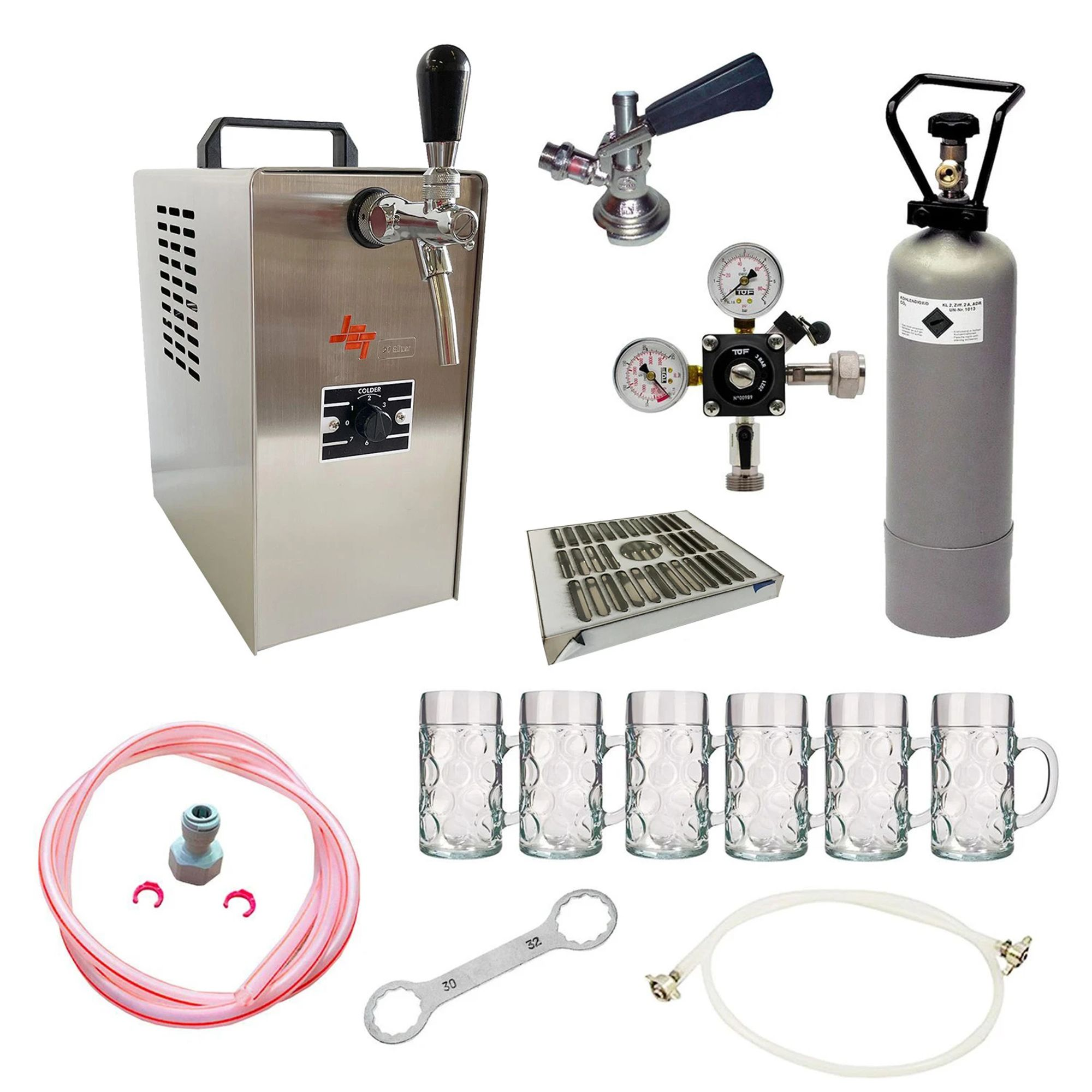 Bierkoeler met tapkraan, gasfles, manometer, koppeling, glazen, slangen en sleutel.